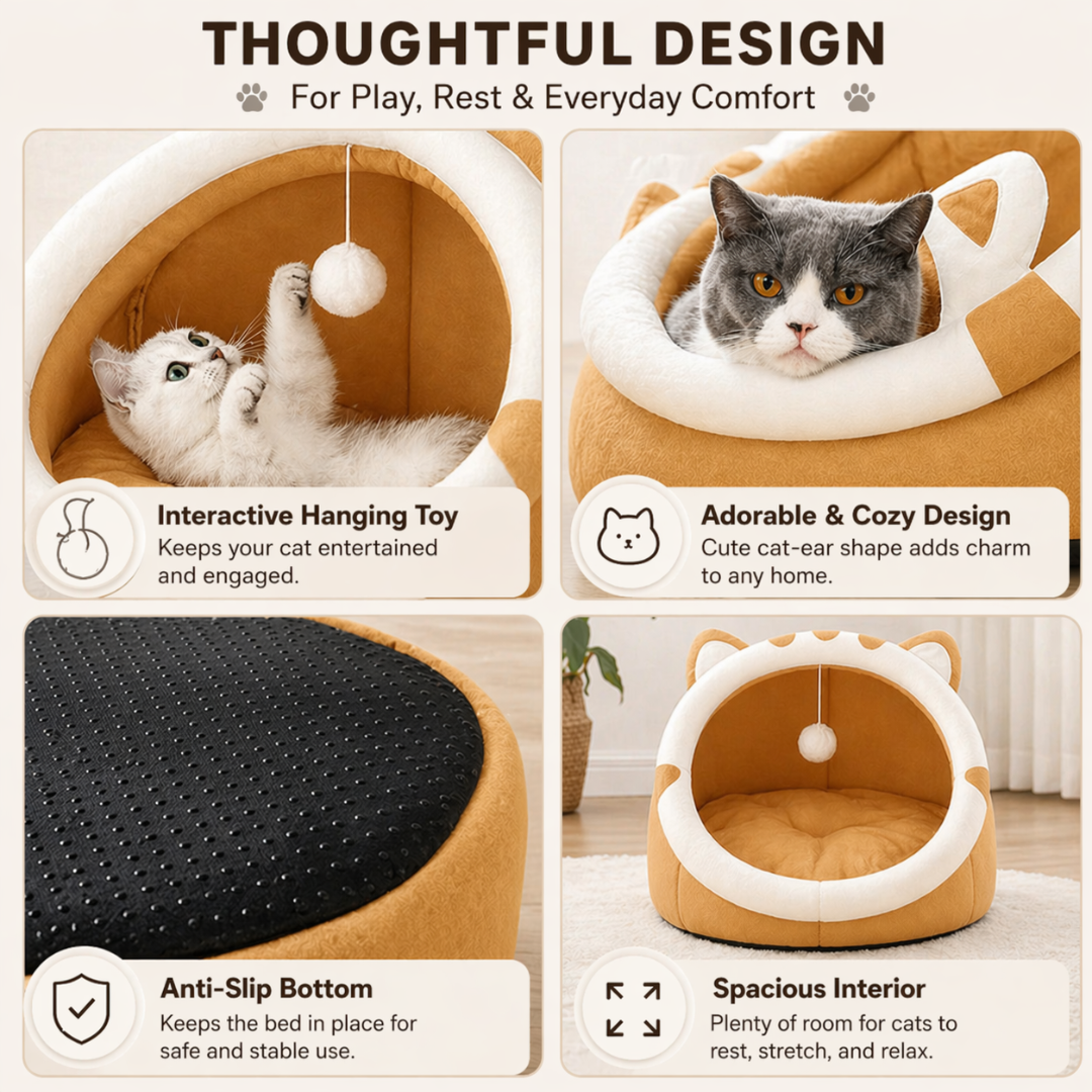 Yellow Cotton Cat Bed Enclosed Pet House Soft Cushion Nest for Cats and Small Dogs