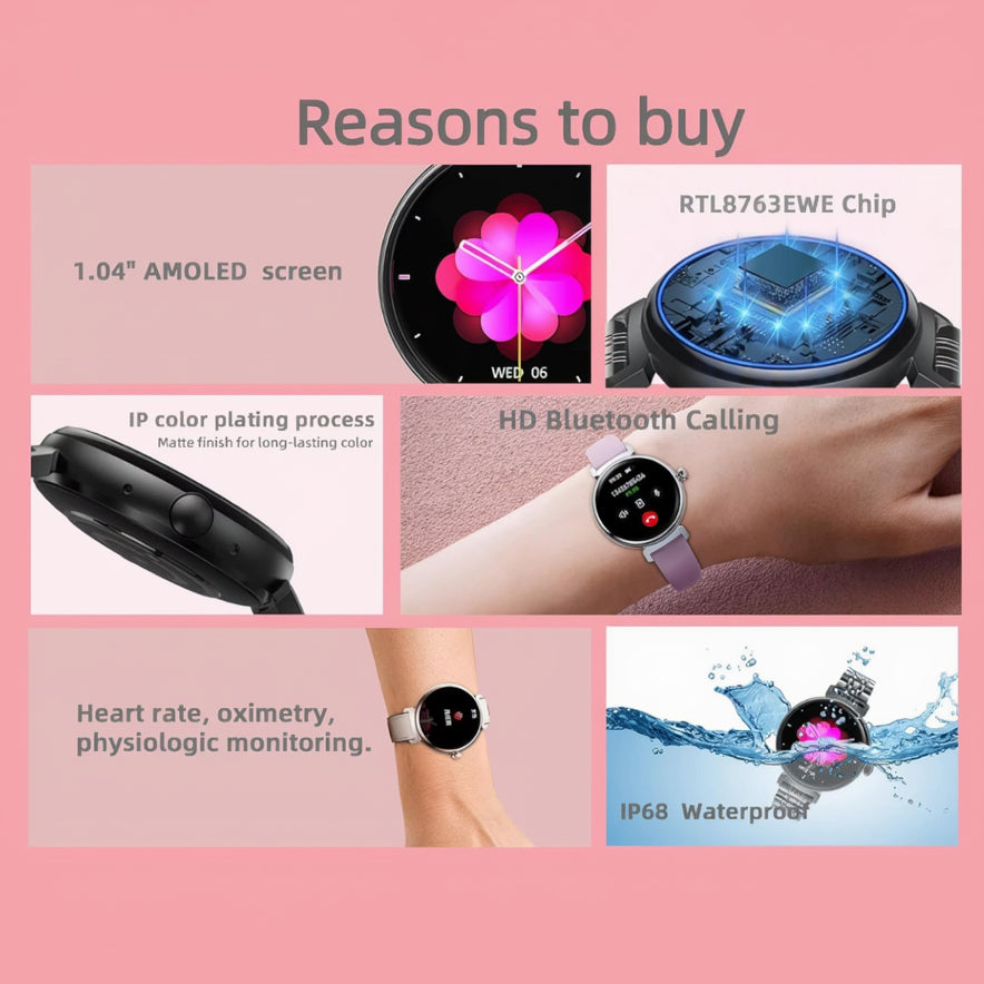 Pink AMOLED Smart Watch Bluetooth Calling IP68 Waterproof Multi Sport Fitness Tracker
