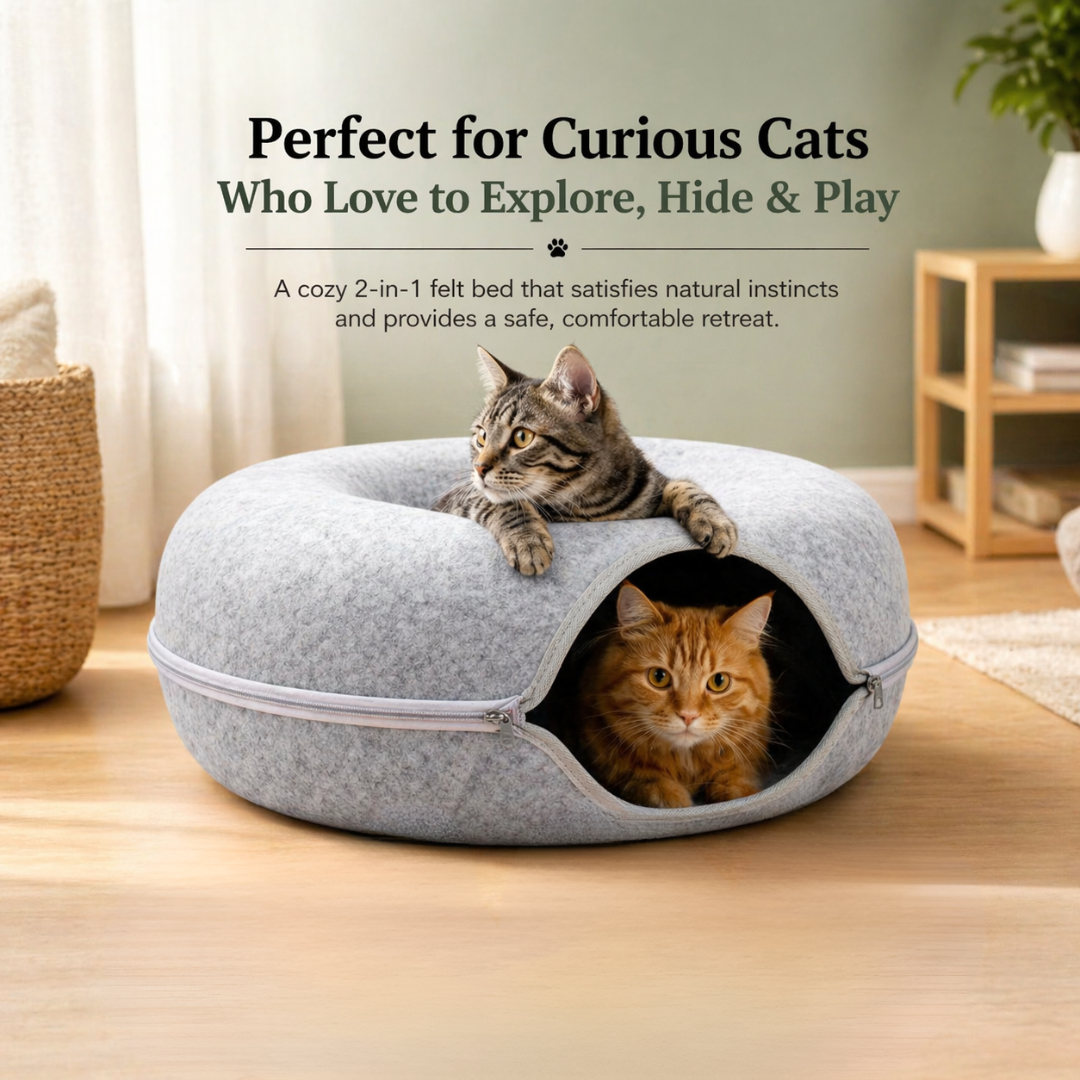 Light Grey Round Felt Cat Tunnel Bed Donut Nest Cat House with Scratcher Design for Cats