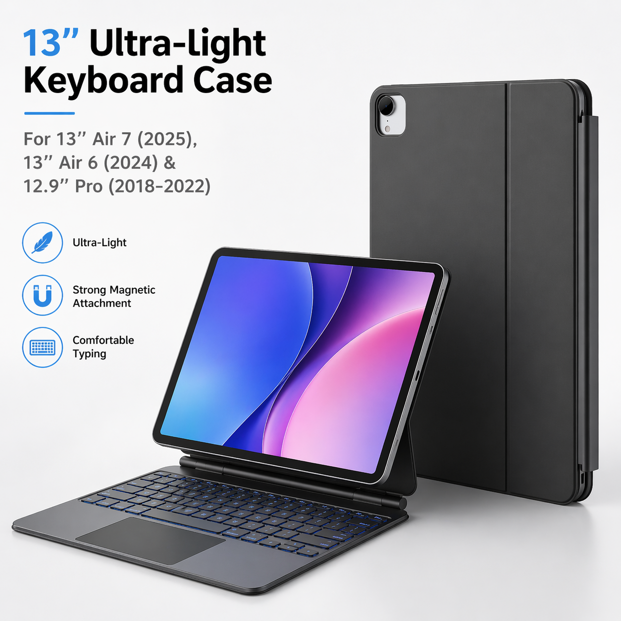 Wireless Keyboard Case with Trackpad for 13” iPad Air 7 (2025), 13” Air 6 (2024) & 12.9” Pro (2018–2022)