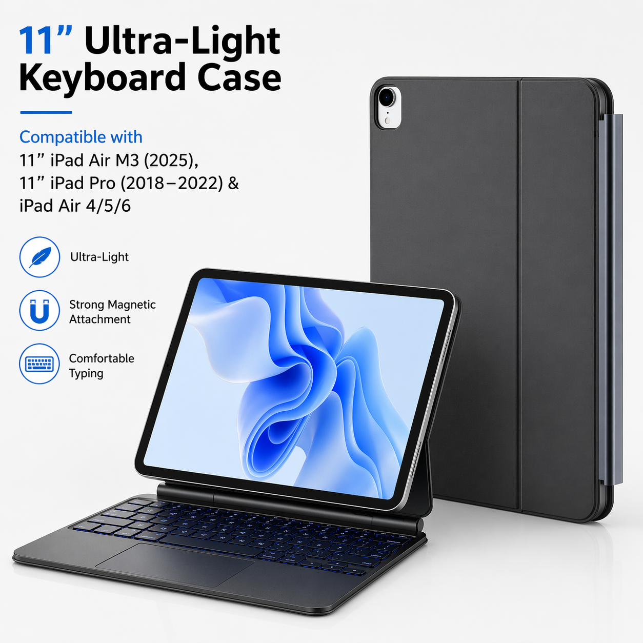 Lightweight Keyboard Case with Touchpad for 11” iPad Air M3 (2025), 11” iPad Pro (2018–2022) & iPad Air (4th/5th/6th Gen)