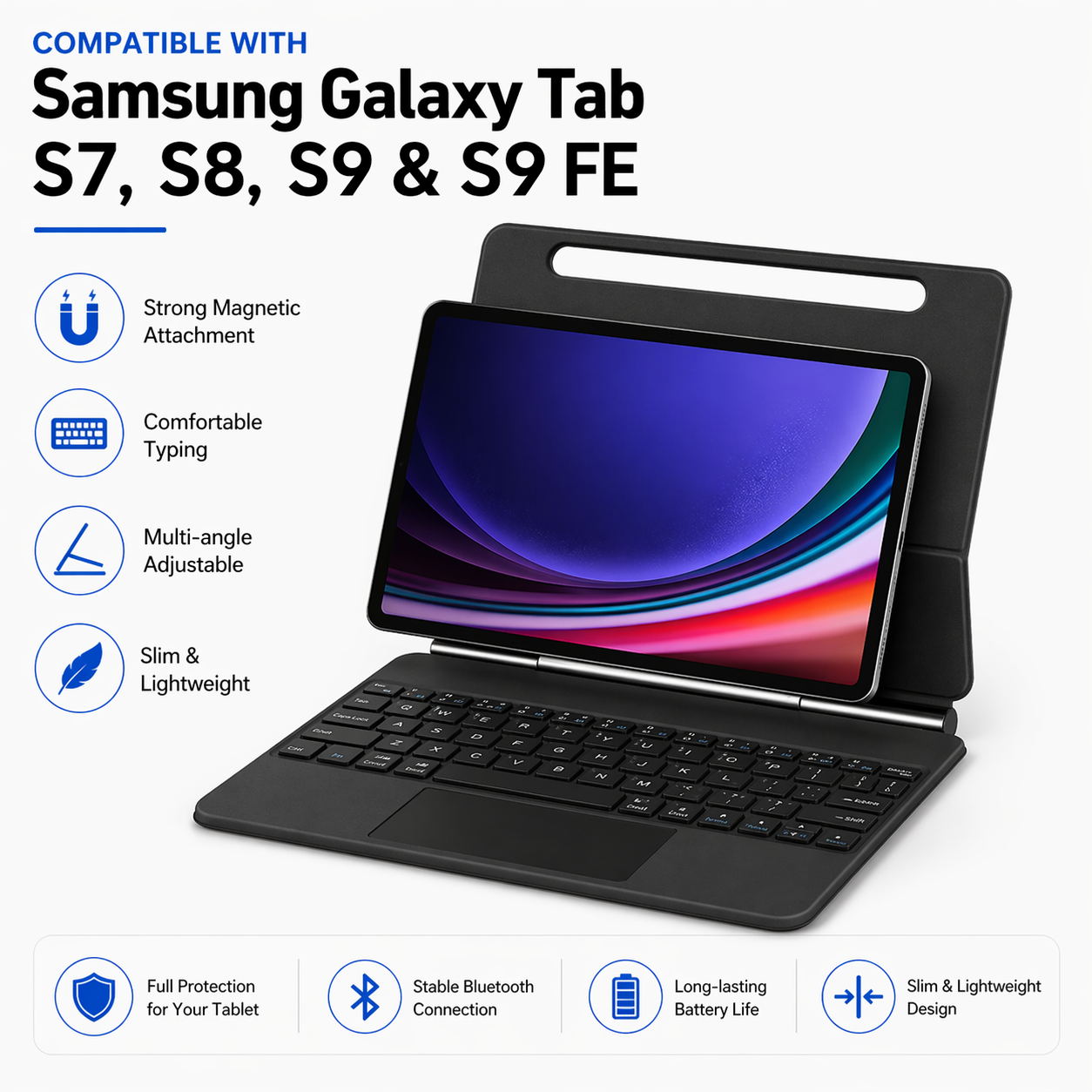 Black Keyboard Case with Trackpad for Samsung Galaxy Tab S7, S8, S9 & S9 FE