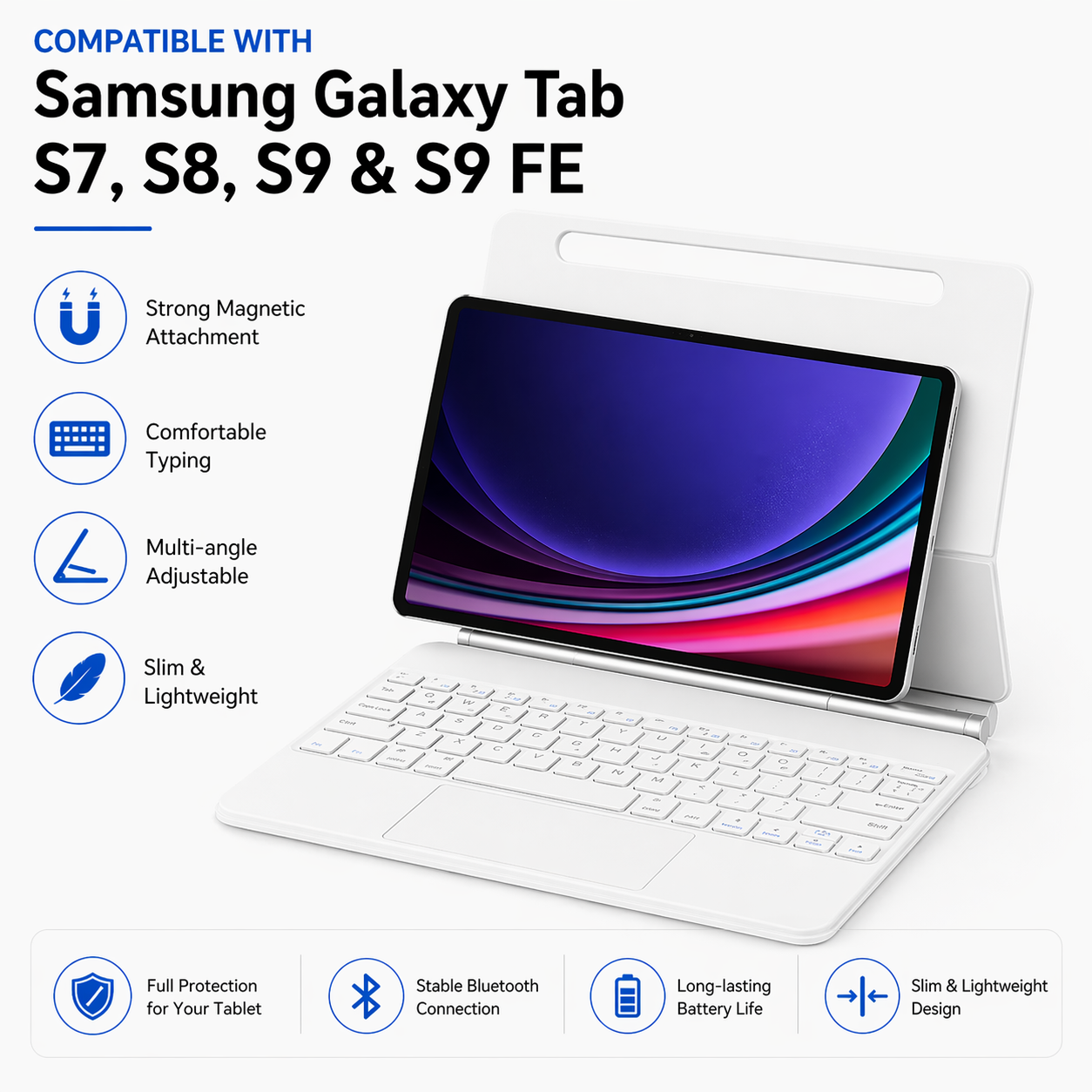 White Keyboard Case with Trackpad for Samsung Galaxy Tab S7, S8, S9 & S9 FE