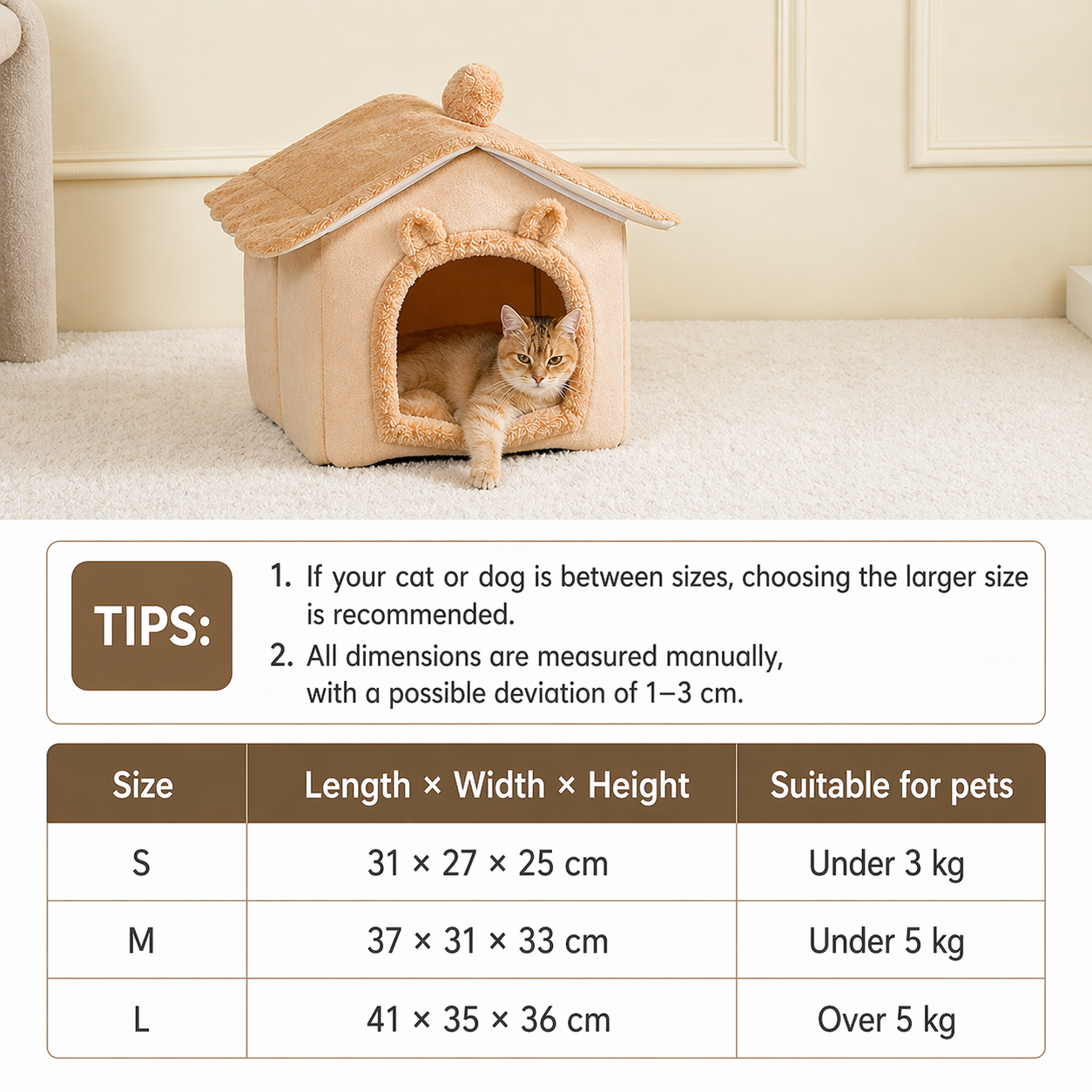 Brown Foldable Pet House with Removable Cushion Soft Cat Bed for Small Dogs and Cats