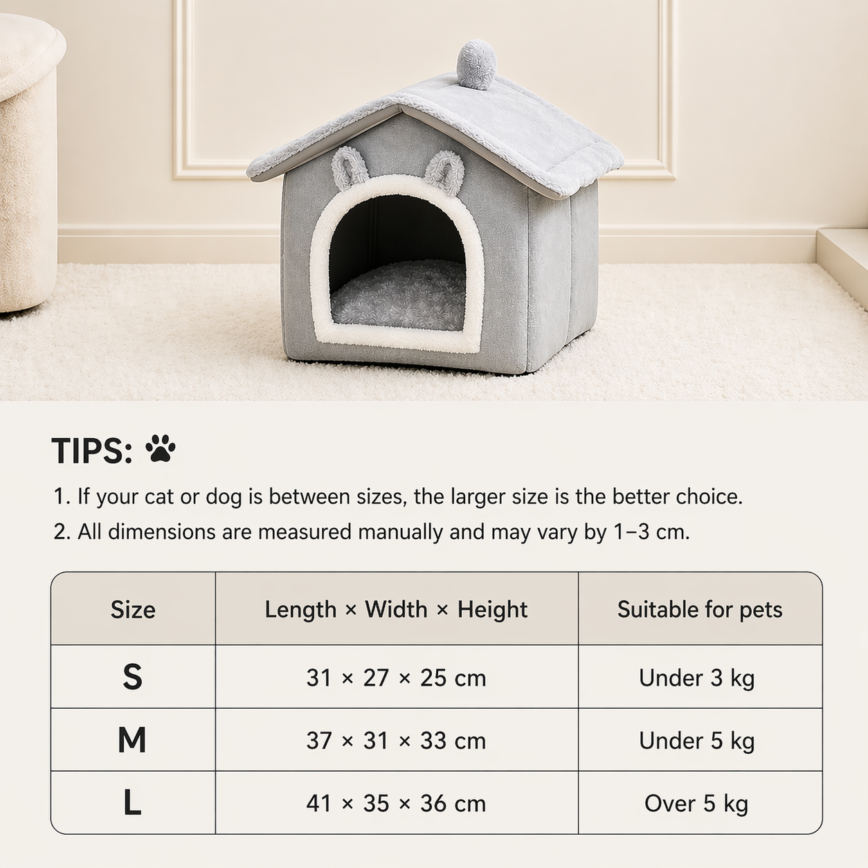 Gray Foldable Pet House with Removable Washable Cushion for Cats and Small Dogs