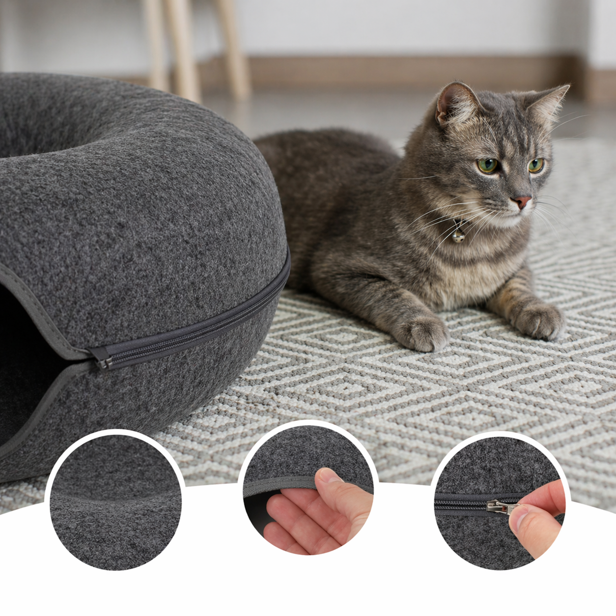 Dark Grey Round Felt Cat Tunnel Bed Donut Nest Cat House with Zipper Design for Cats
