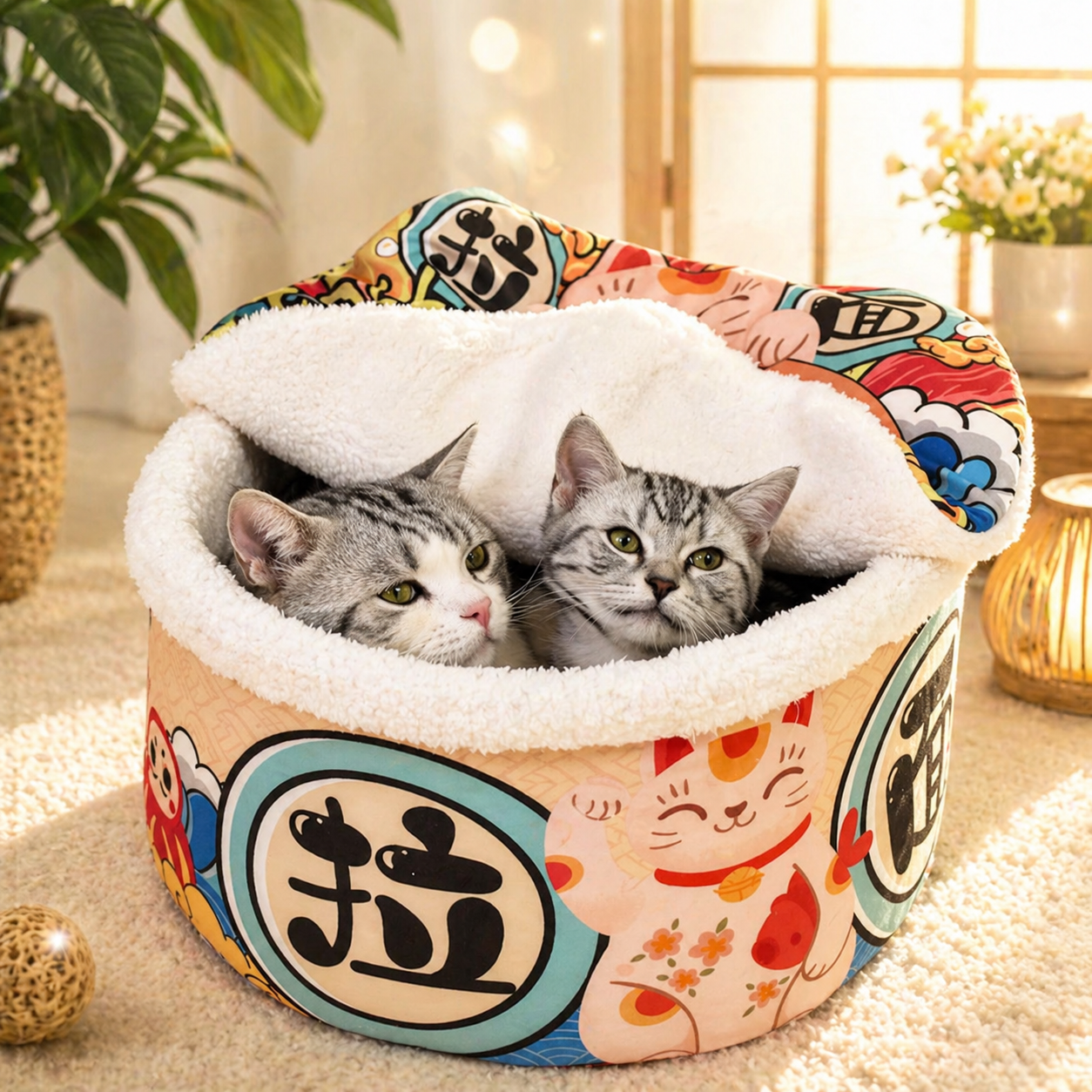 Instant Noodle Soft Pet Cushion Bed Round Nest with Removable Cover for Cats and Small Dogs
