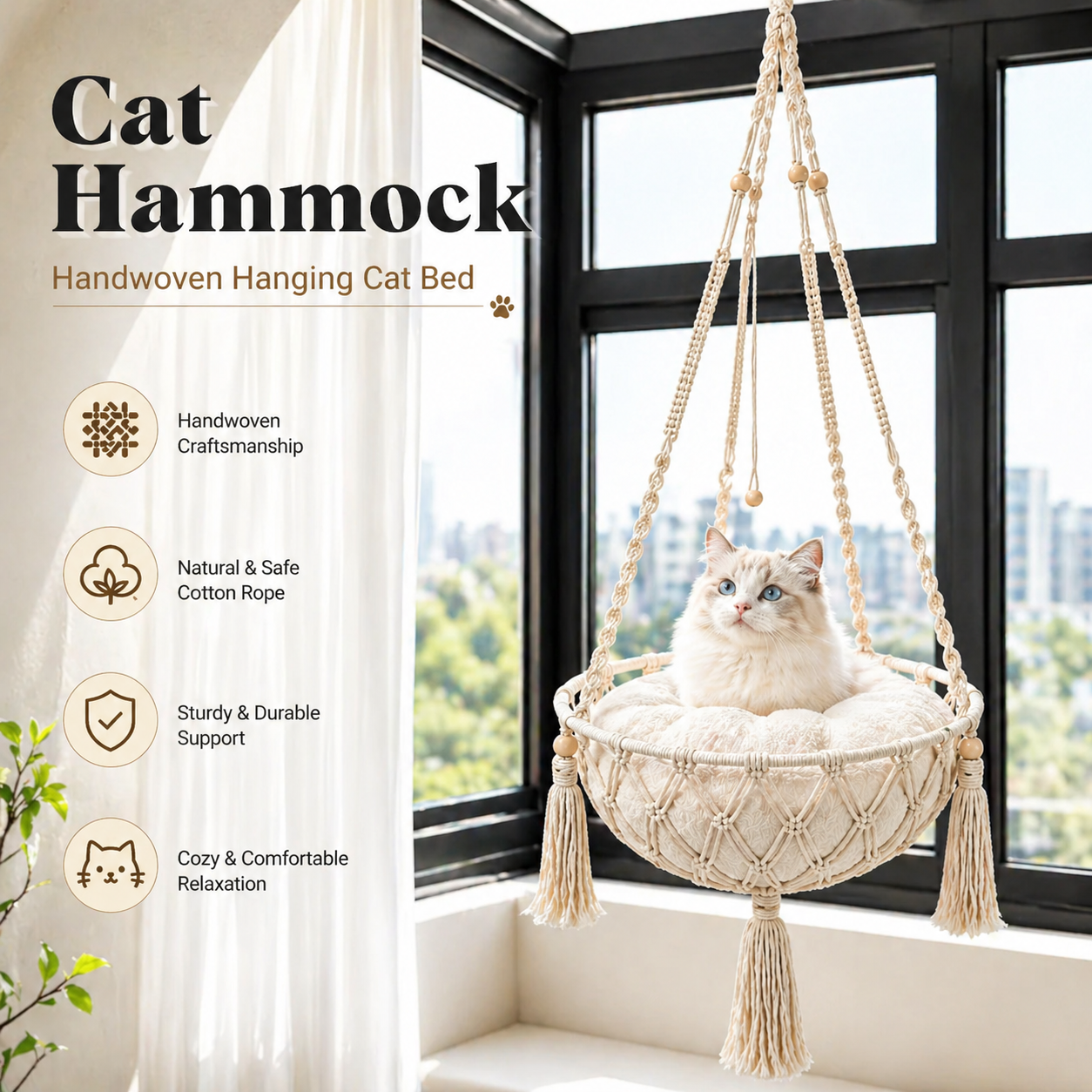 Hand Woven Cat Hanging Hammock Indoor Pet Basket with Cushion