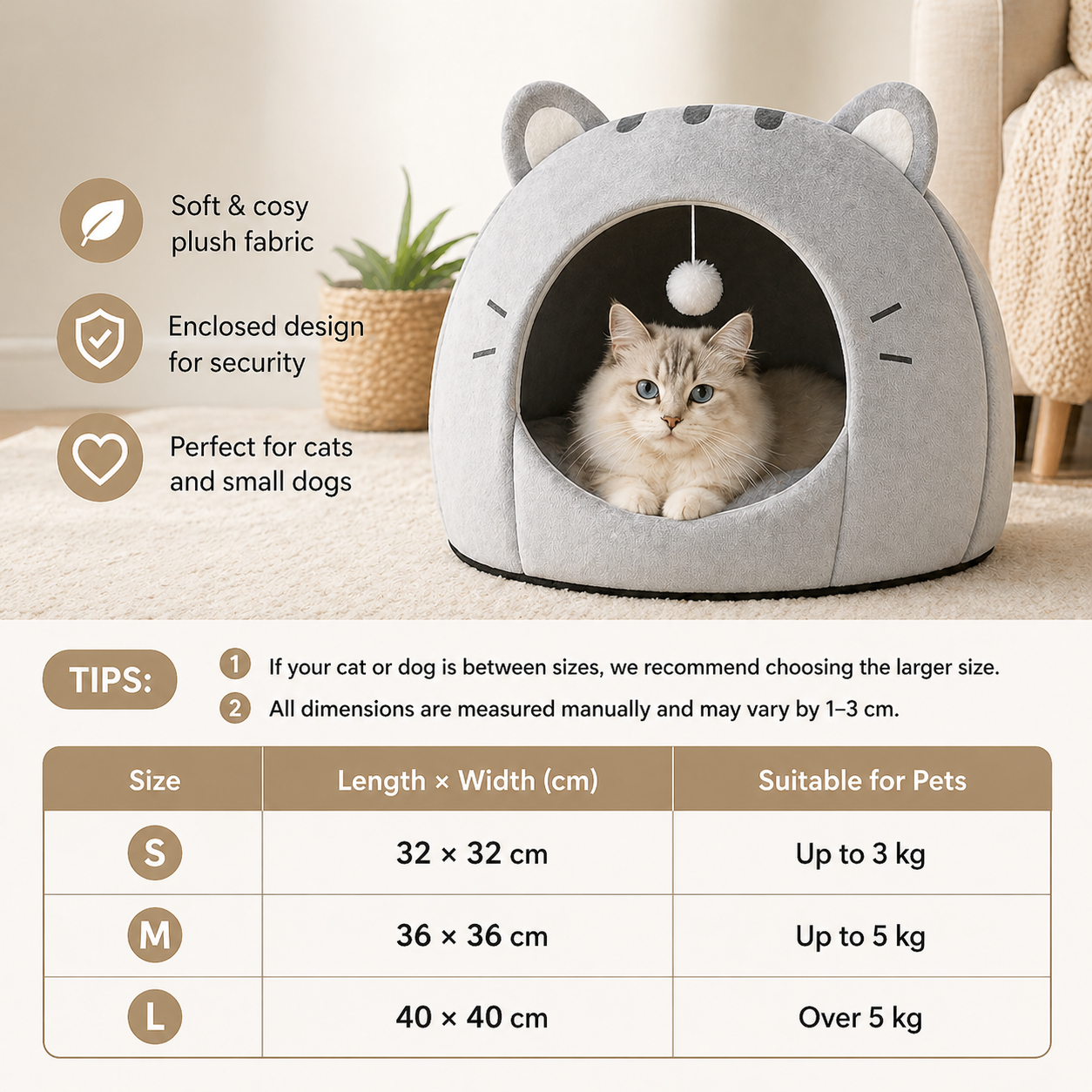 Grey Enclosed Cotton Cat Cave Bed Pet House Cushion for Indoor Cats and Small Dogs