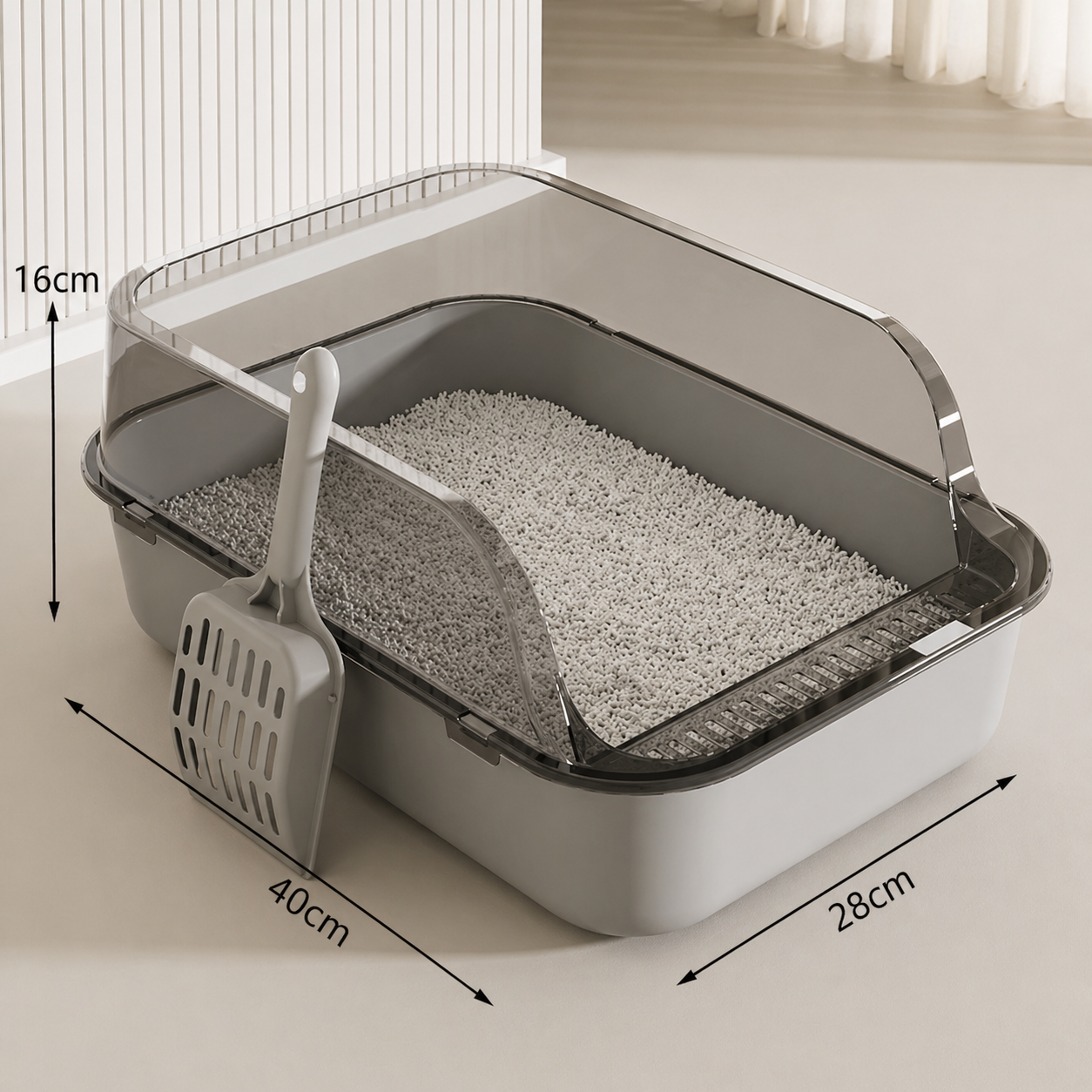 Grey Semi Enclosed Cat Litter Box Splash Guard Pet Toilet Tray Easy Clean Design