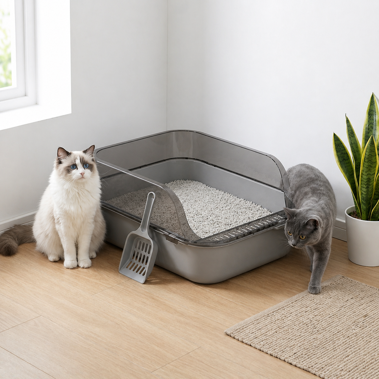 Grey Semi Enclosed Cat Litter Box Splash Guard Pet Toilet Tray Easy Clean Design