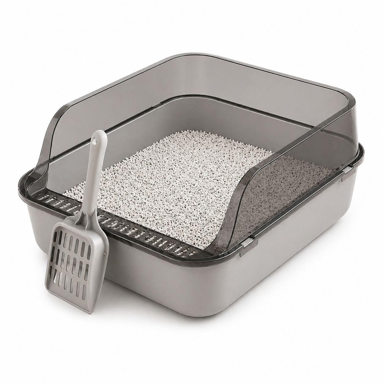 Grey Semi Enclosed Cat Litter Box Splash Guard Pet Toilet Tray Easy Clean Design
