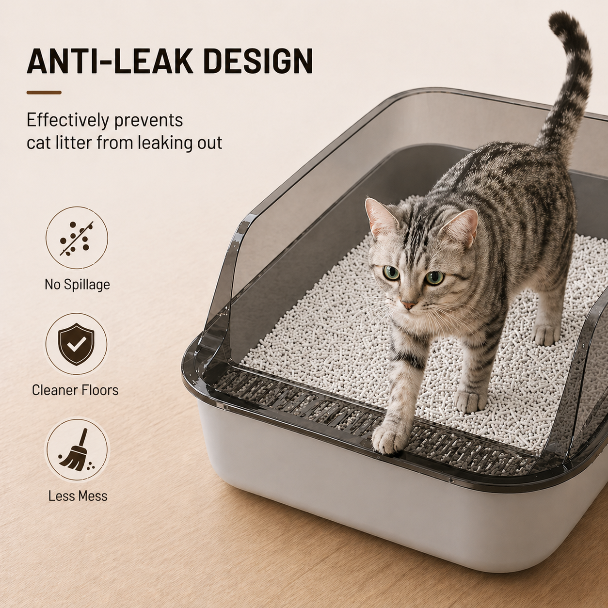 Grey Semi Enclosed Cat Litter Box Splash Guard Pet Toilet Tray Easy Clean Design
