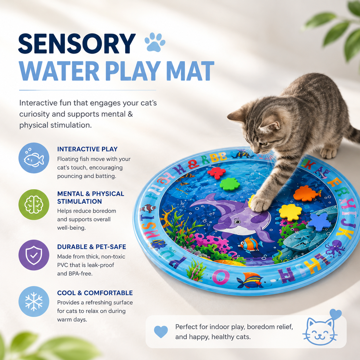 Round Cat Sensory Water Mat Interactive Cooling Play Pad for Indoor Pets