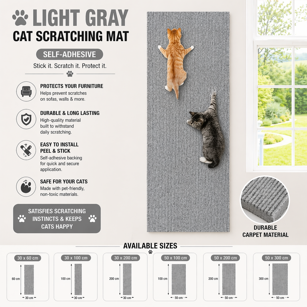 Light Gray Trimmable Cat Scratch Mat Self Adhesive Furniture Protector Pad