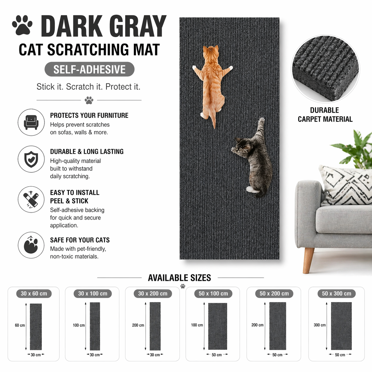 Dark Gray Cat Scratching Mat Self Adhesive Carpet Protector for Sofa Walls