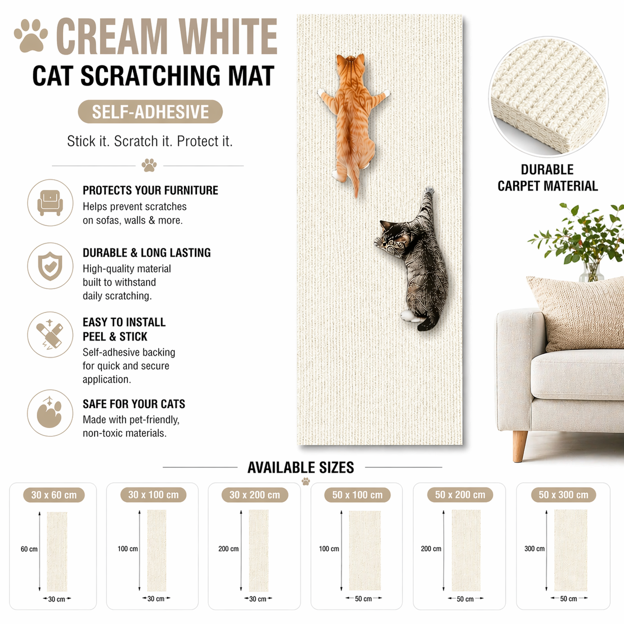 Cream White Cat Scratching Mat Self Adhesive Trimmable Carpet Protector for Sofa Walls Floors