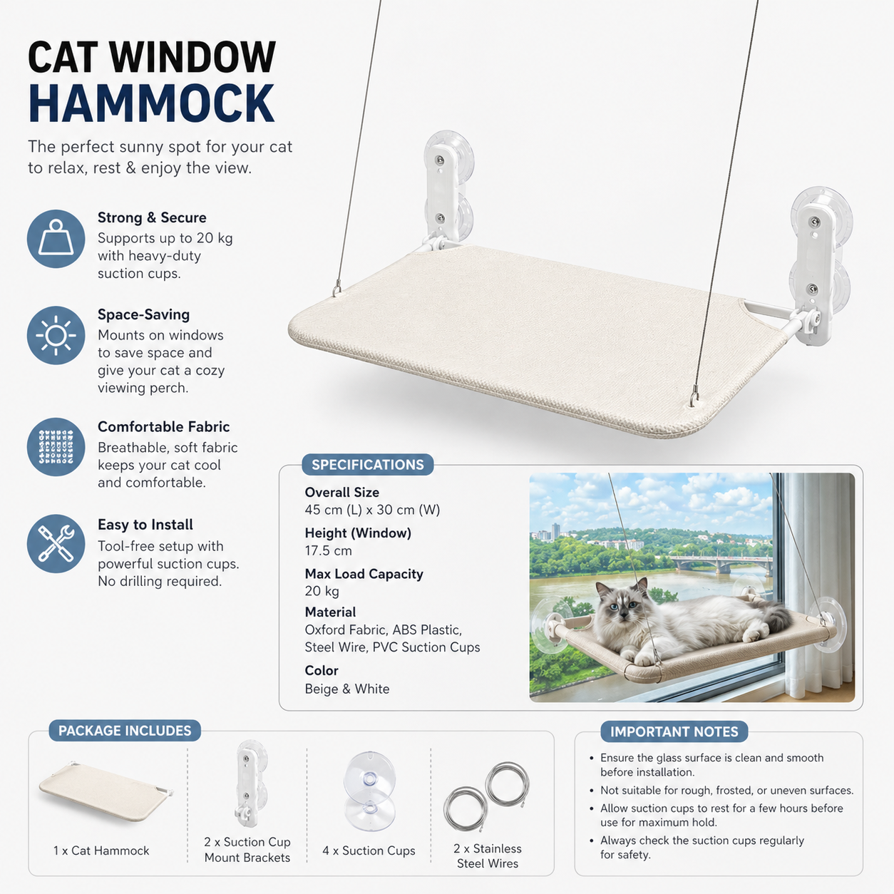 White Cat Window Hammock Suction Cup Mounted Hanging Perch Space Saving Pet Lounge