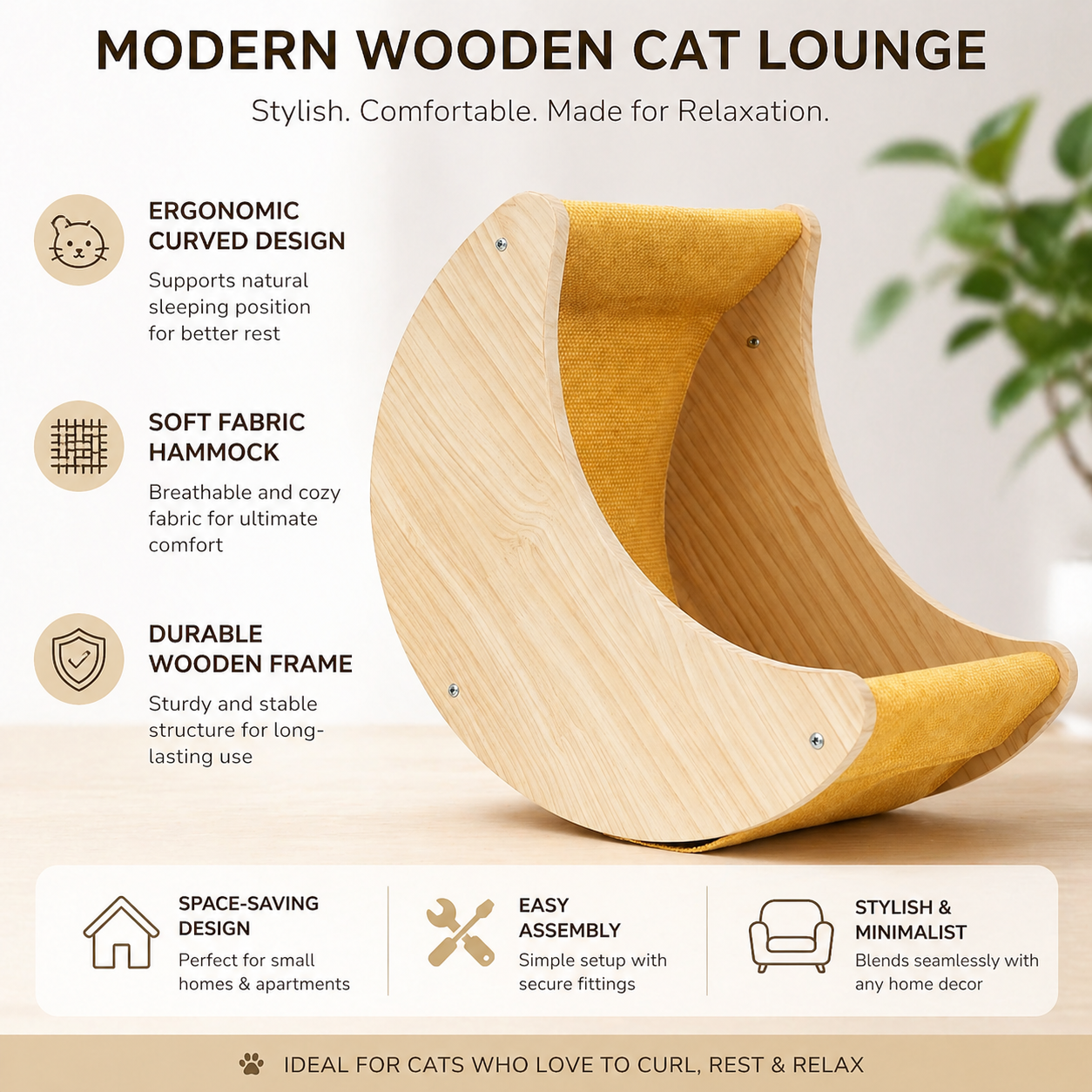 Light Brown Crescent Moon Shaped Wooden Cat Wall Shelves Space Saving Pet Furniture