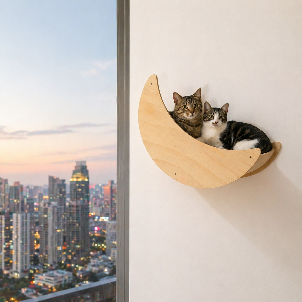 Light Brown Crescent Moon Shaped Wooden Cat Wall Shelves Space Saving Pet Furniture