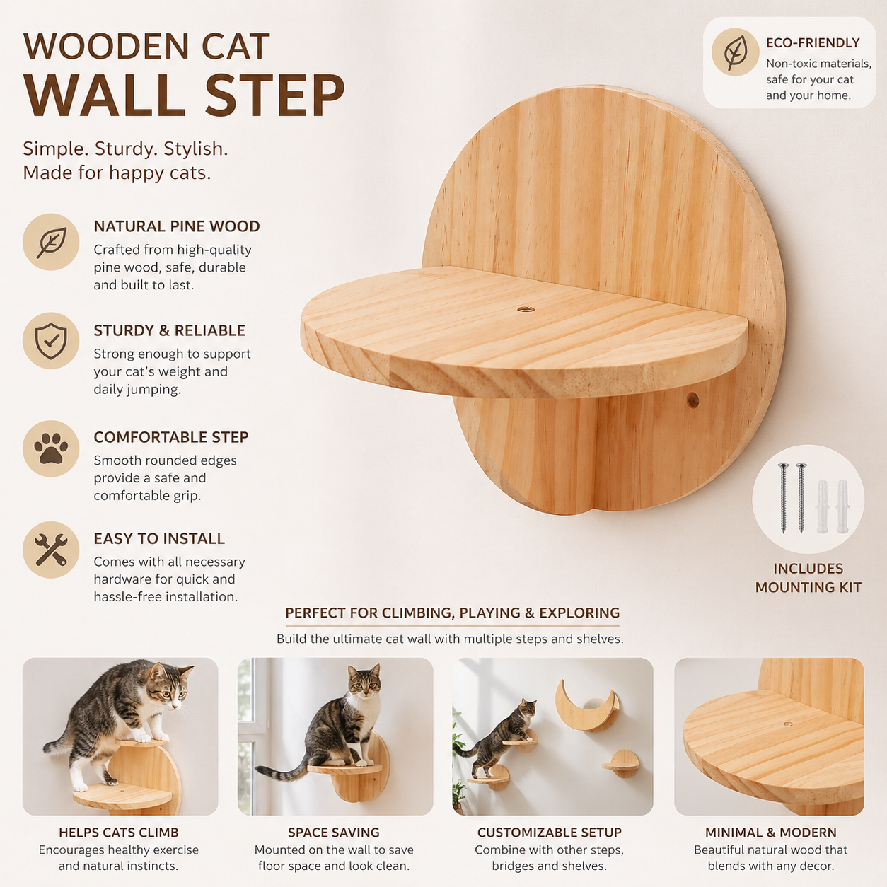 Khaki Finish Round Solid Wood Cat Wall Climbing Shelves Steps Ladder Indoor Pet Activity Steps
