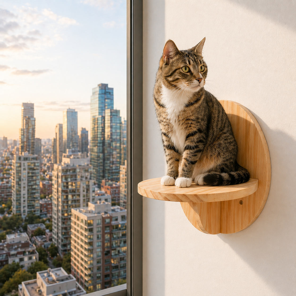 Khaki Finish Round Solid Wood Cat Wall Climbing Shelves Steps Ladder Indoor Pet Activity Steps