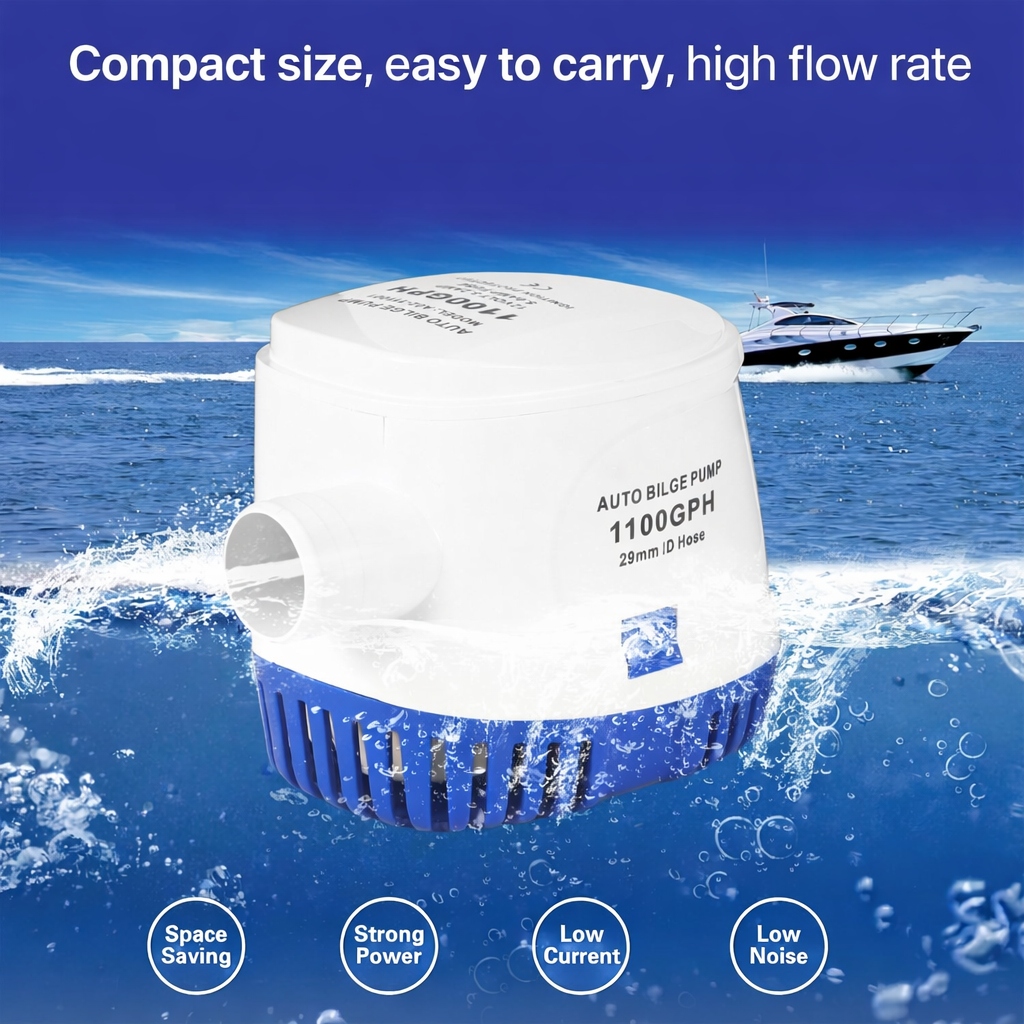12V Submersible Bilge Pump 1100GPH Marine Water Drain Pump for Boats