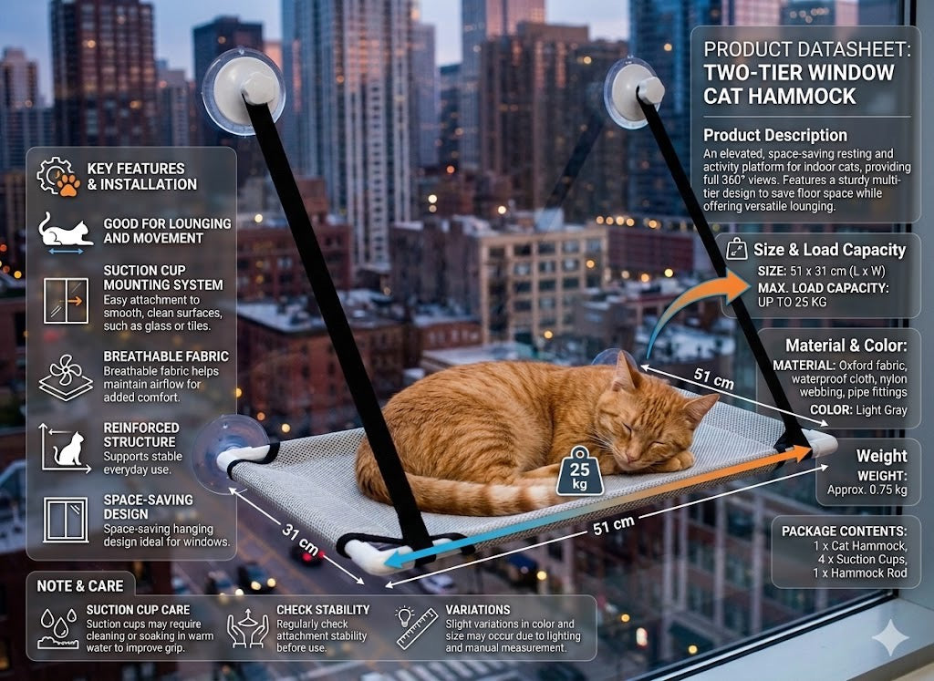 Light Gray Cat Window Hammock Hanging Bed Suction Cup Mount Indoor Pet Seat