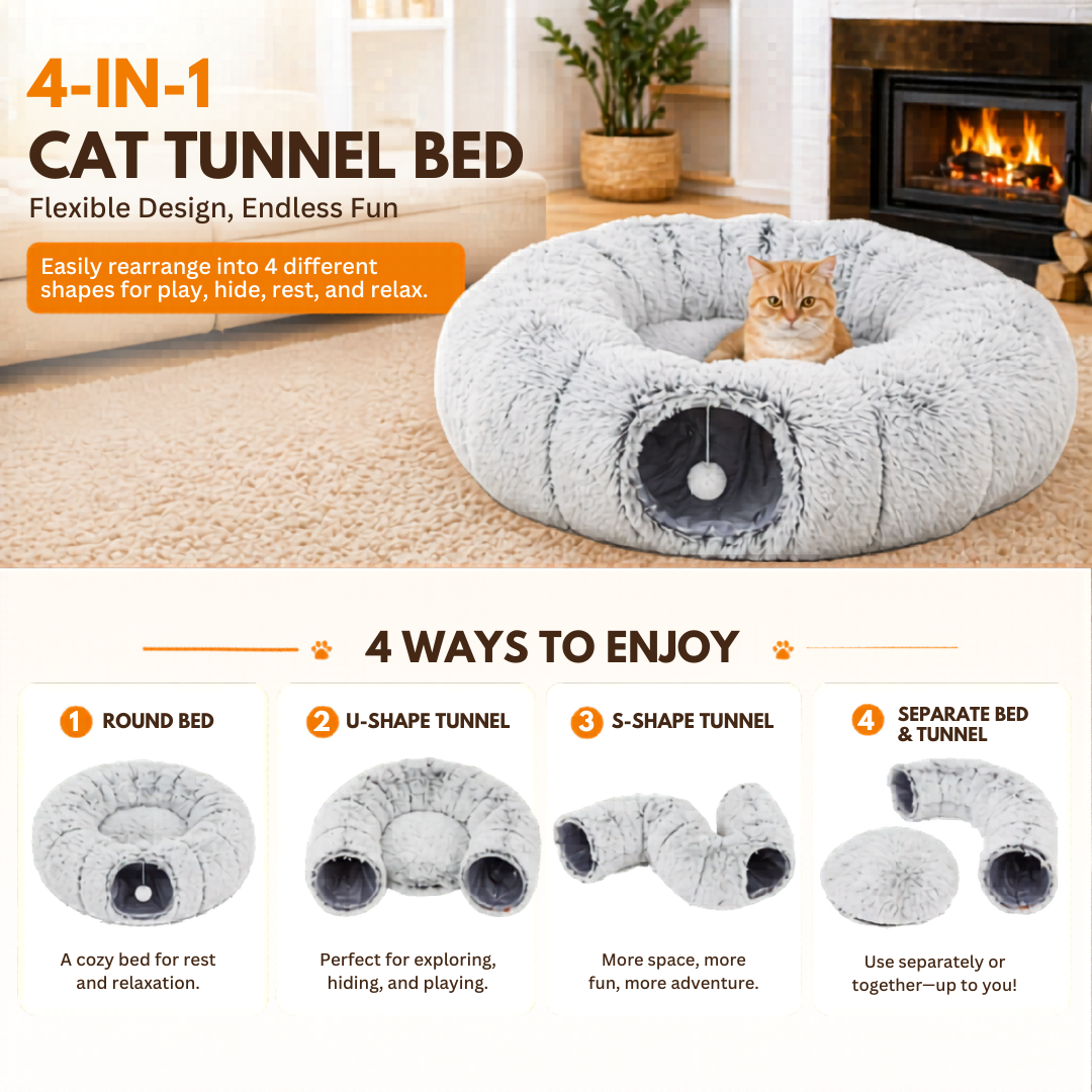 Light Grey Plush Cat Tunnel Bed 2-in-1 Foldable Round Pet Nest for Indoor Cats