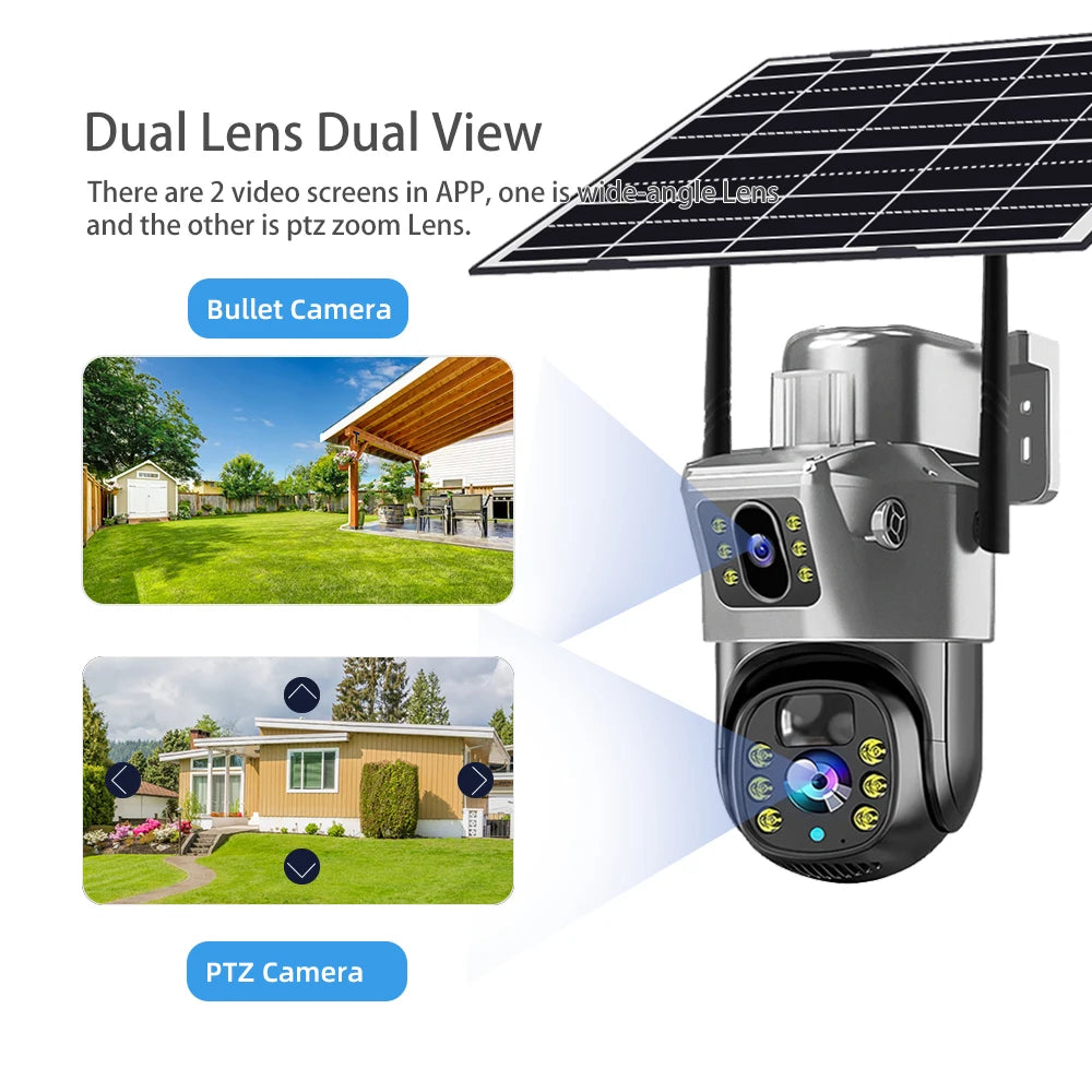 Solar Powered 8MP 4K Outdoor Security Camera with Dual Lens, Night Vision, Motion Detection and 128GB SD Card