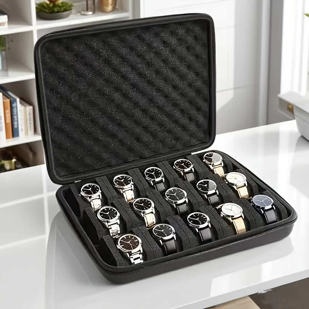 Watch Storage Box with 15 Slots Portable Jewelry Organizer Display Case with Velvet Interior