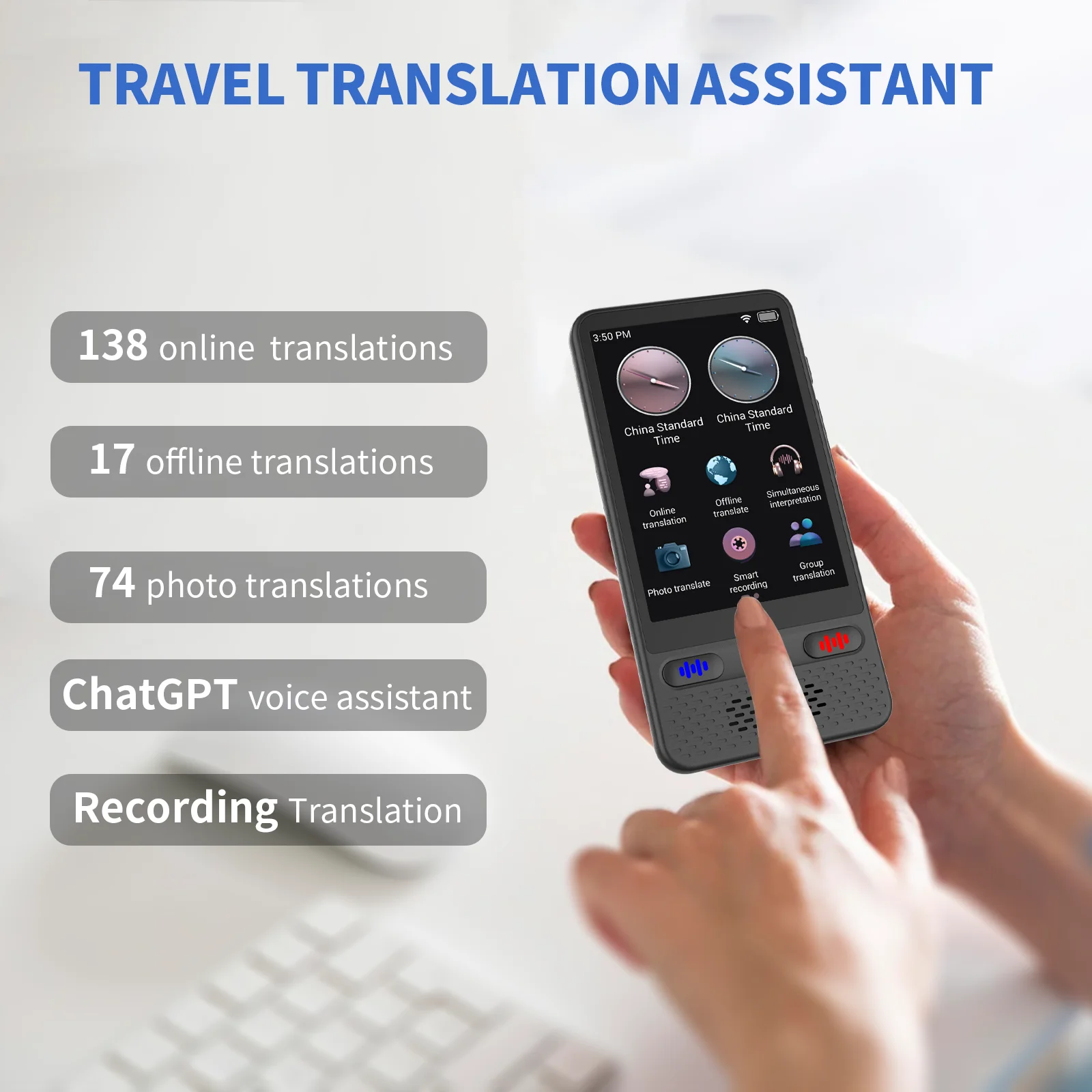 Smart AI Language Translator with Offline Translation Voice Recording and Photo Scan 4 Inch Display