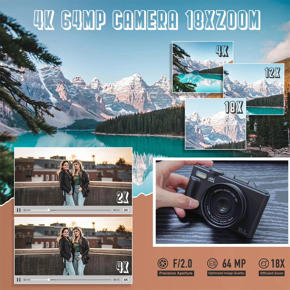 Compact 4K Digital Camera with 18X Zoom, Flip Screen, Webcam Function and 128GB SD Card
