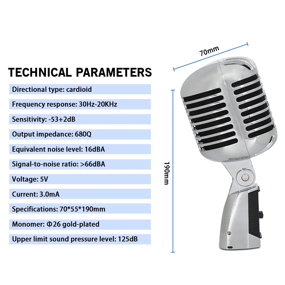 Vintage Style Dynamic Microphone Wired Vocal Mic for Karaoke and Live Performance