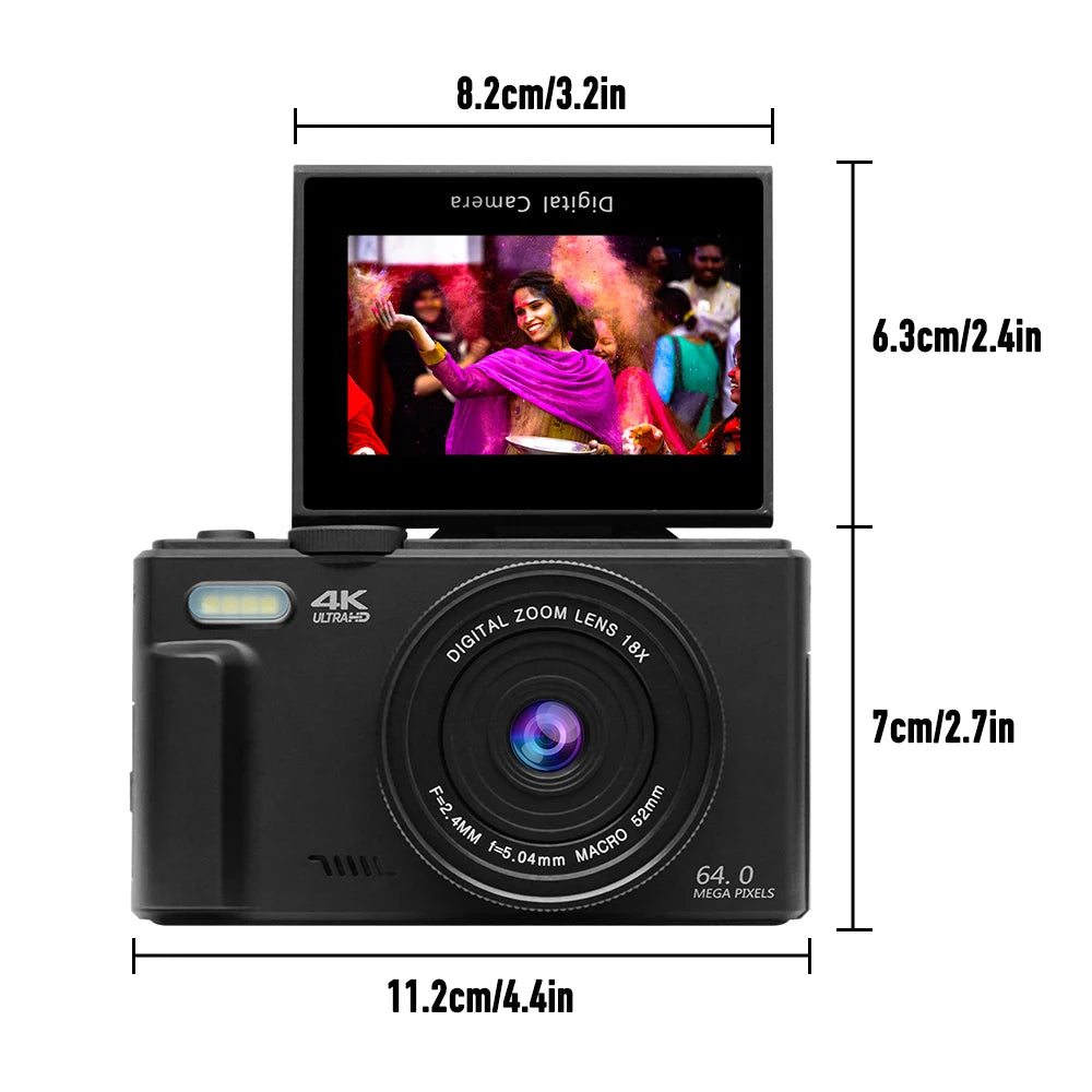 Compact 4K Digital Camera with 18X Zoom, Flip Screen, Webcam Function and 128GB SD Card