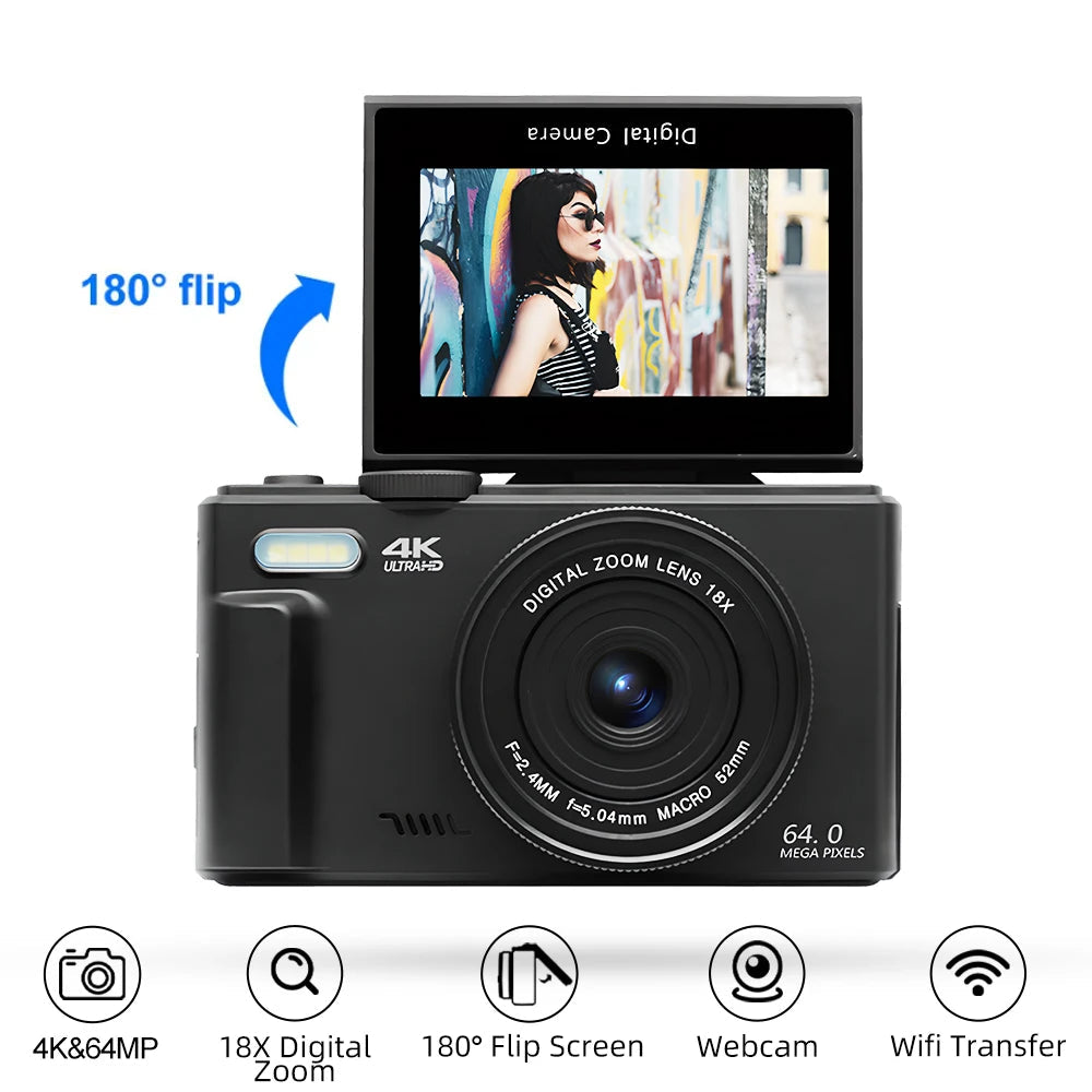 Compact 4K Digital Camera with 18X Zoom, Flip Screen, Webcam Function and 128GB SD Card