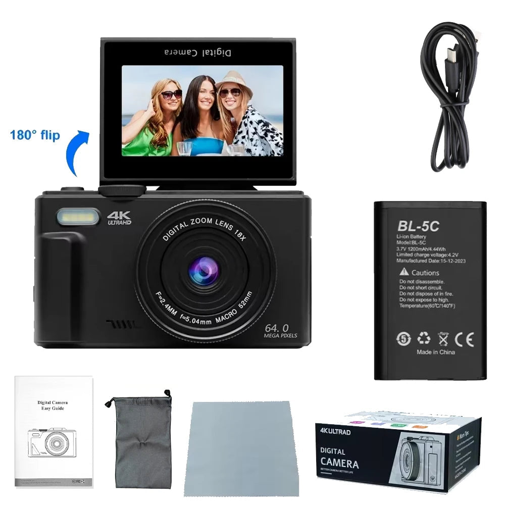 Compact 4K Digital Camera with 18X Zoom, Flip Screen, Webcam Function and 128GB SD Card