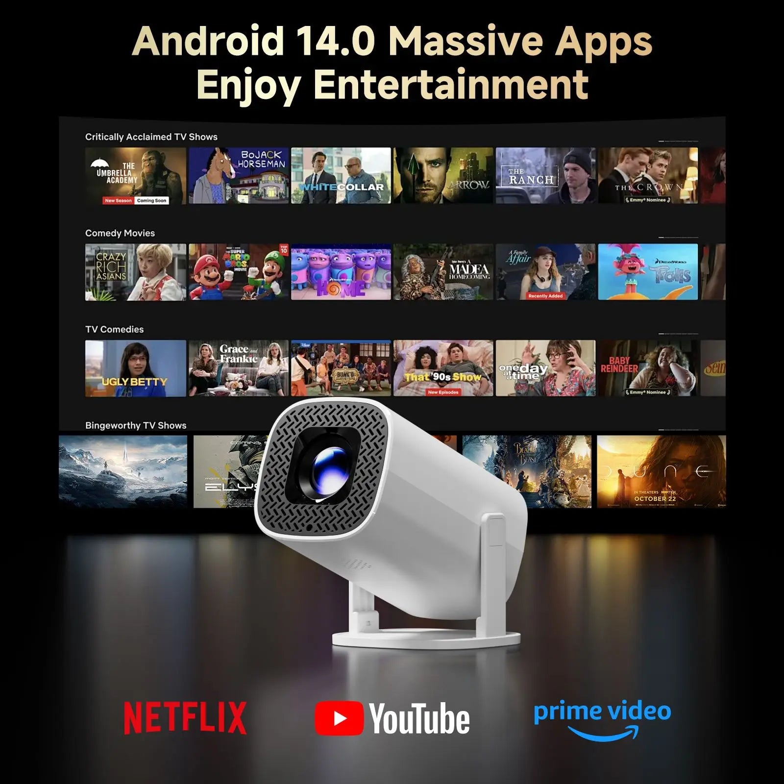 Mini Projector Android 14 WiFi6 Bluetooth Portable HD 720P 4K Support Screen Mirroring