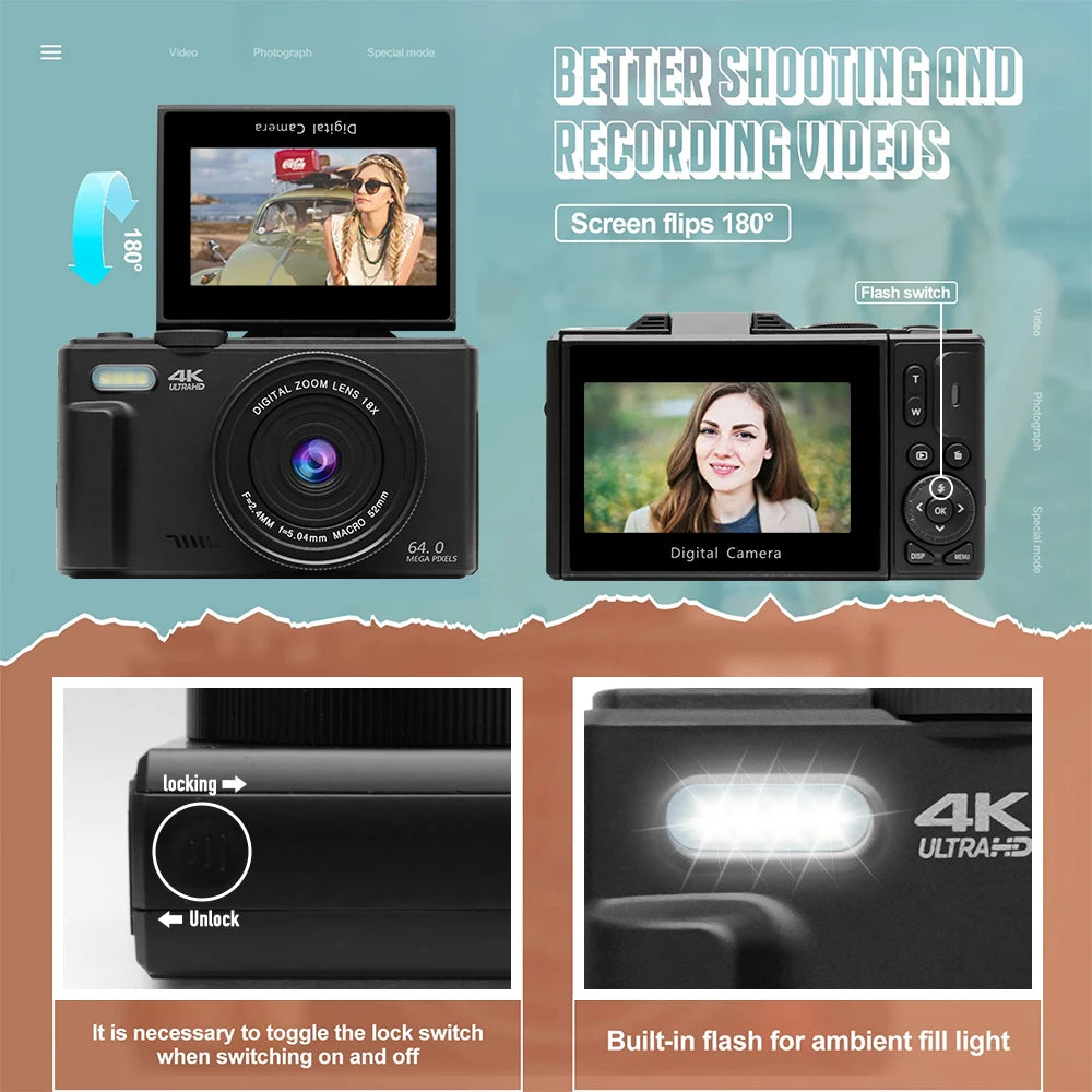 Compact 4K Digital Camera with 18X Zoom, Flip Screen, Webcam Function and 128GB SD Card