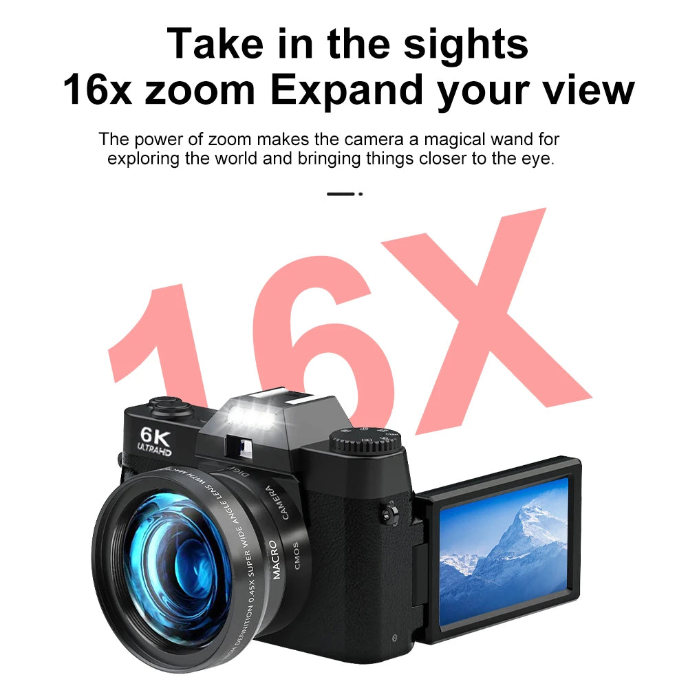 6K Digital Camera with 16X Zoom Flip Screen WiFi Autofocus Camera and 128GB Card