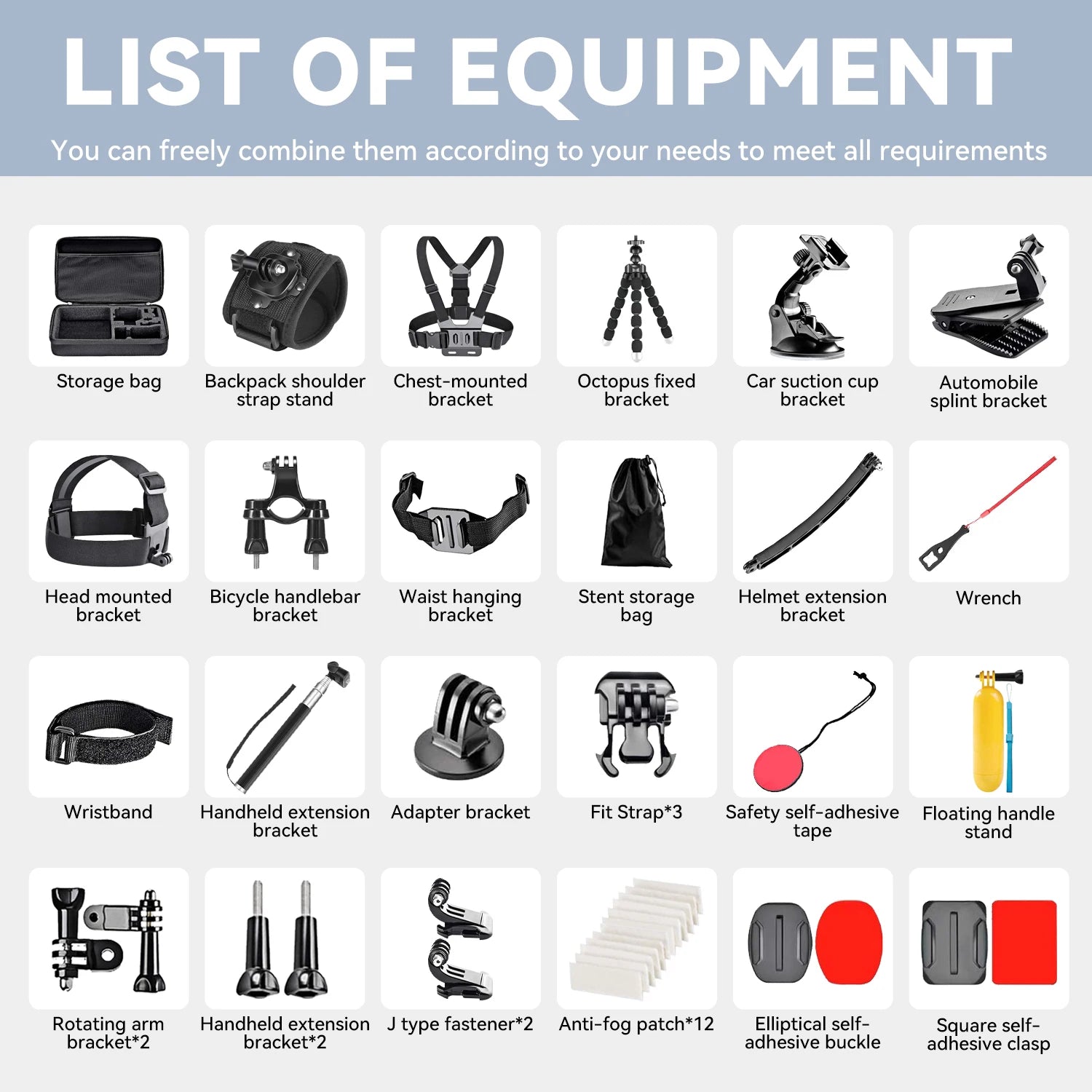 50-in-1 Action Camera Mount Kit with Waterproof Case for Bike Helmet Chest and Handheld Use