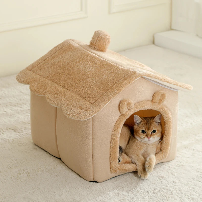 Brown Foldable Pet House with Removable Cushion Soft Cat Bed for Small Dogs and Cats