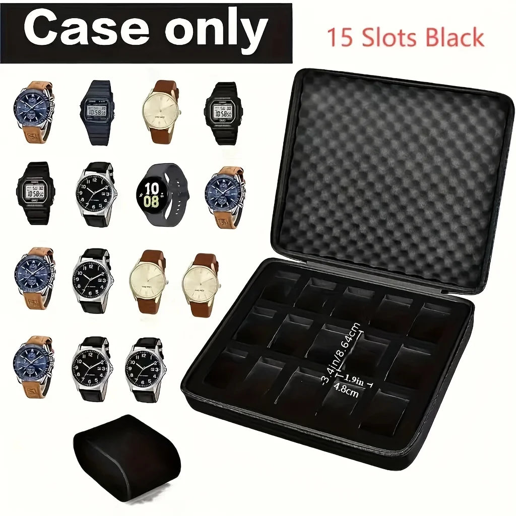Watch Storage Box with 15 Slots Portable Jewelry Organizer Display Case with Velvet Interior