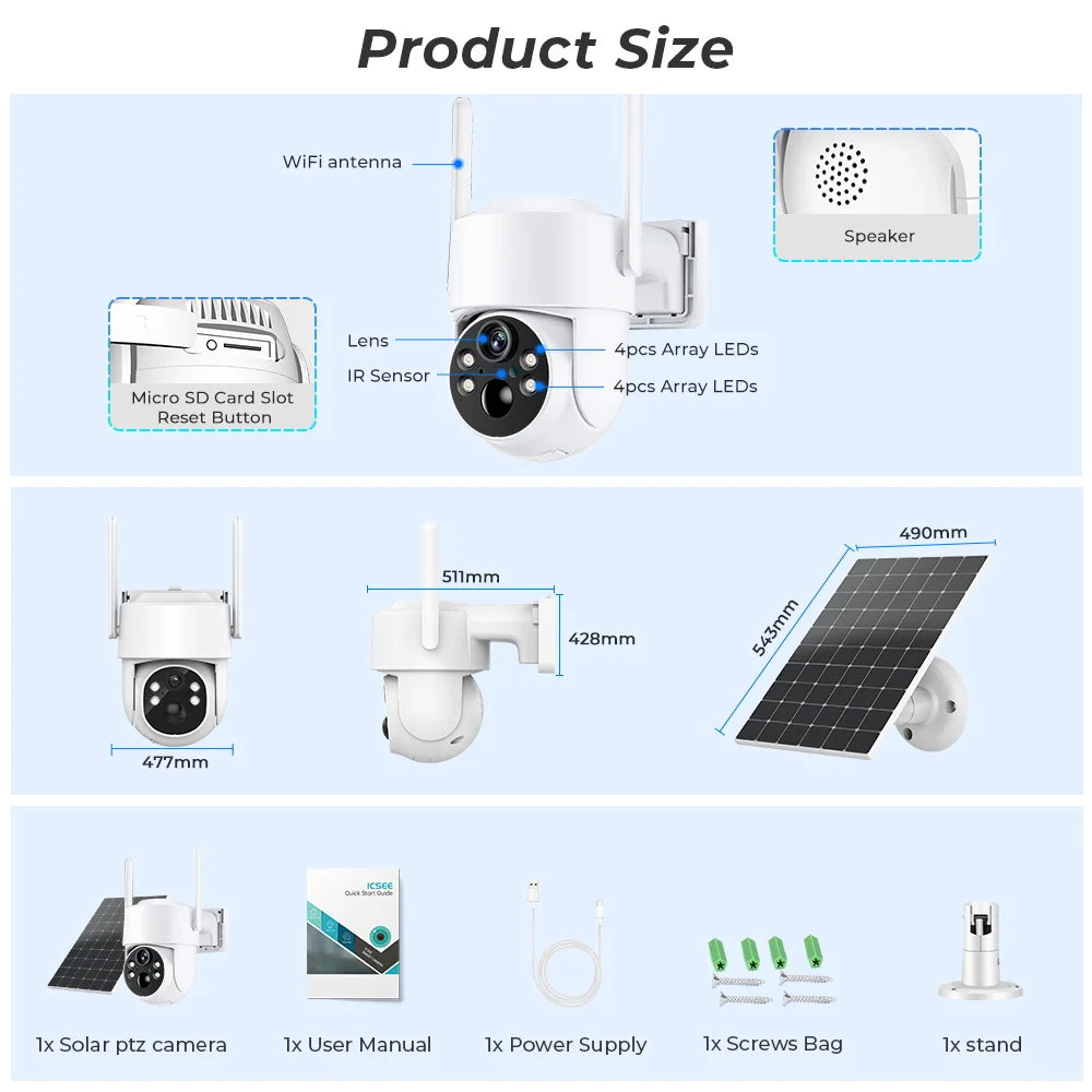 Solar Security Camera 4MP HD Wireless with PIR Motion Detection, PTZ Control, Night Vision and 128GB SD Card