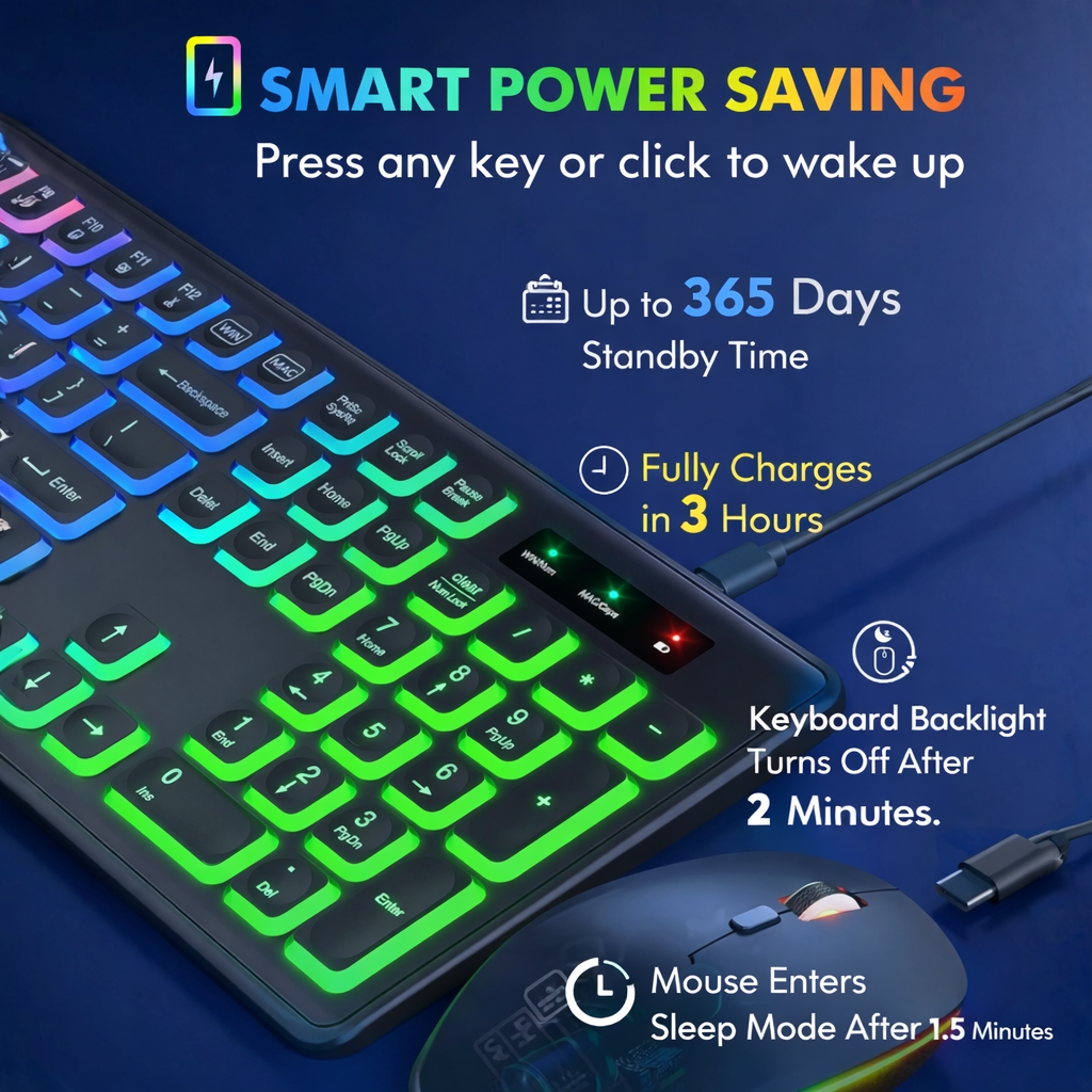 Rechargeable Wireless Keyboard Mouse Combo RGB Backlit Full Size Ergonomic 2.4G USB