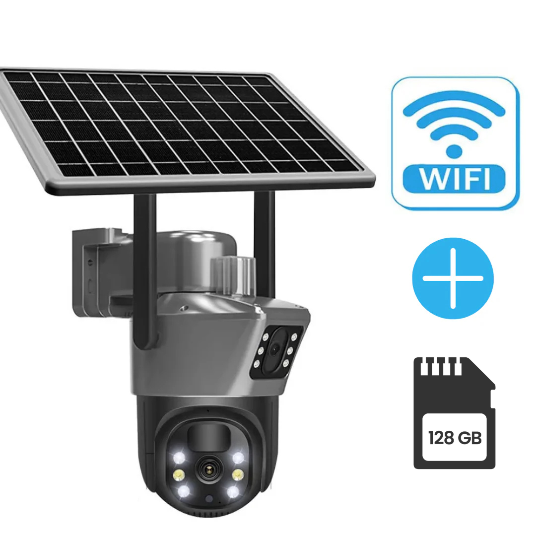 Solar Powered 8MP 4K Outdoor Security Camera with Dual Lens, Night Vision, Motion Detection and 128GB SD Card