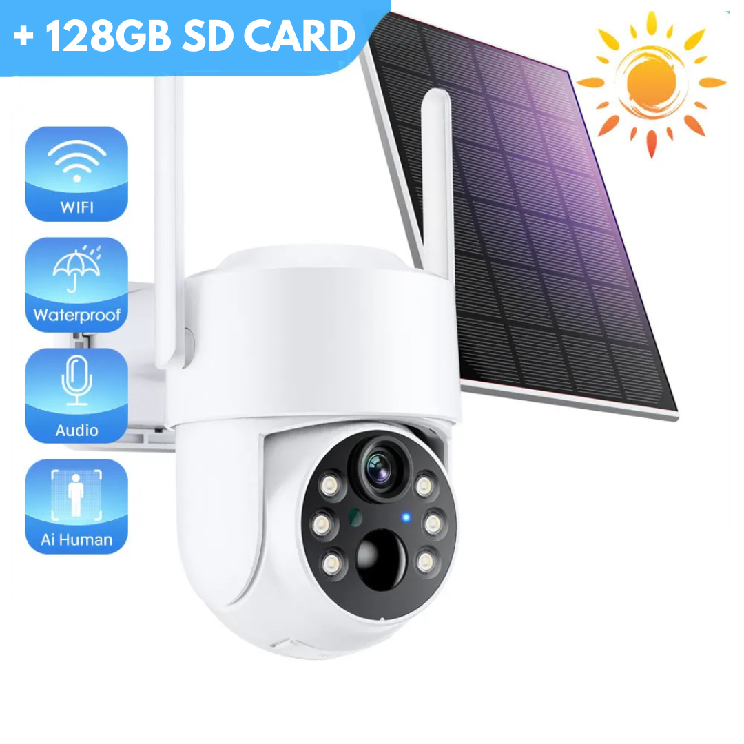 Solar Security Camera 4MP HD Wireless with PIR Motion Detection, PTZ Control, Night Vision and 128GB SD Card
