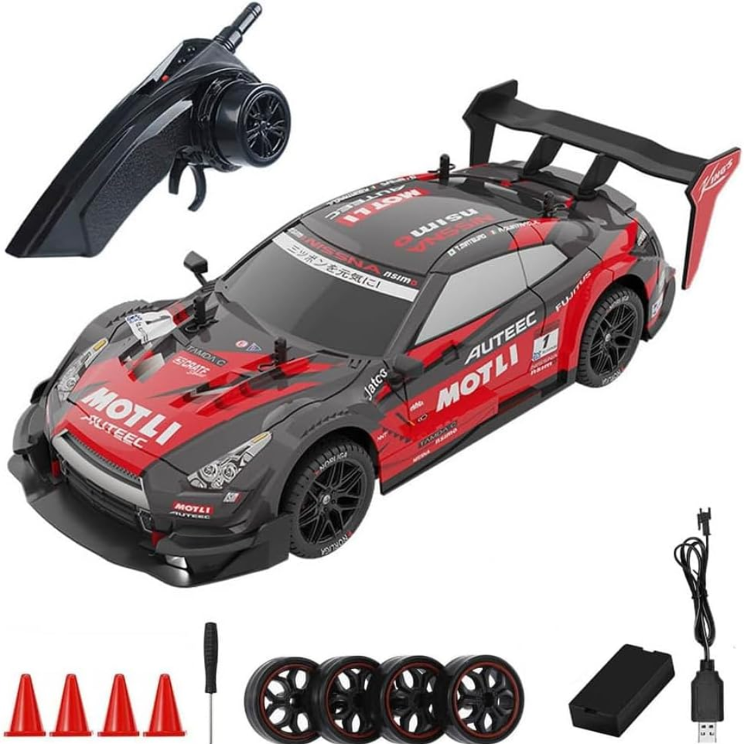 Rechargeable RC Drift Racing Car with Wireless Controller, Training Cones and Spare Drift Wheels