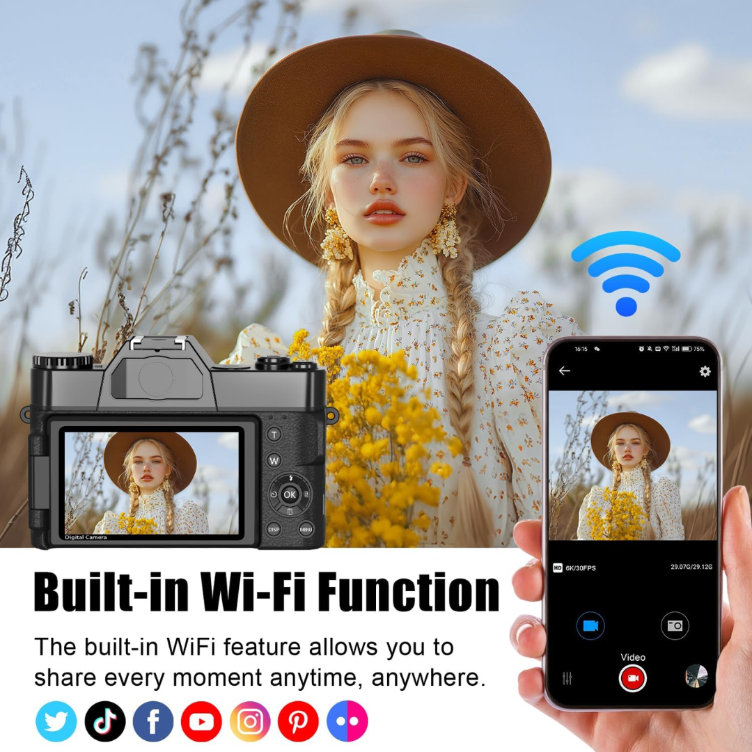 6K Digital Camera with 16X Zoom Flip Screen WiFi Autofocus Camera and 128GB Card