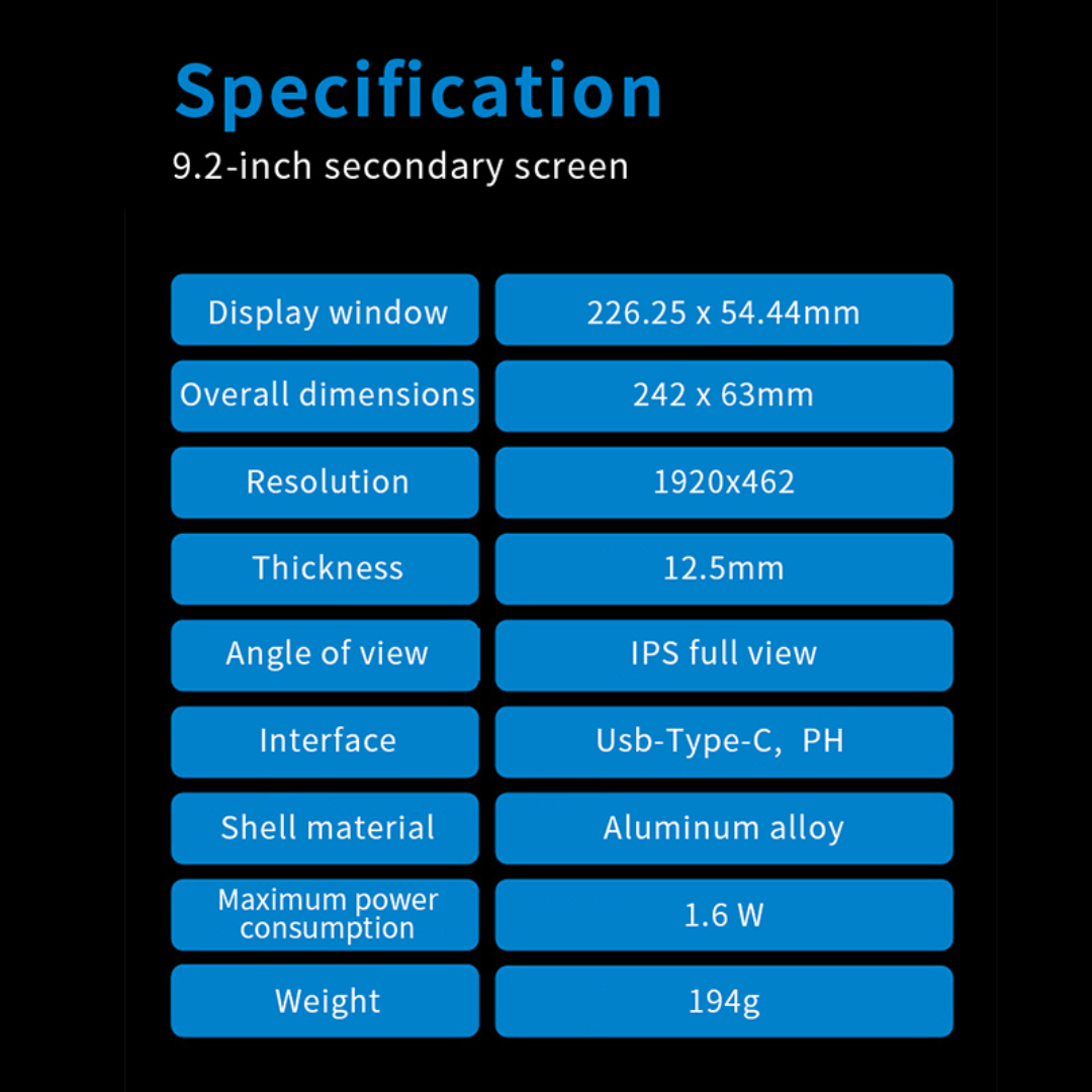 9.2 Inch USB Secondary Screen IPS Display 1920x462 Type-C PC System Monitor Panel